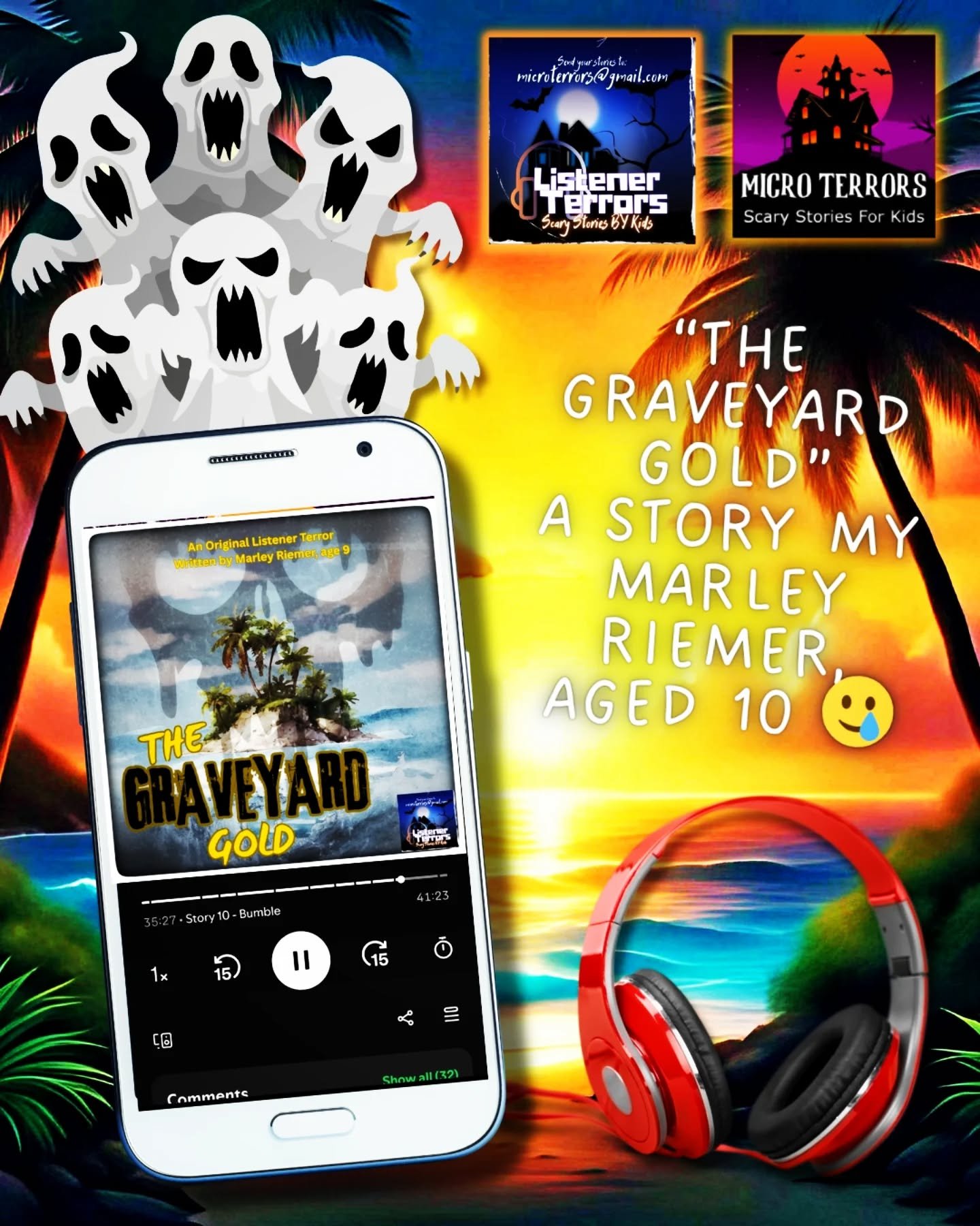 🏝 Proud mama moment. Did you know @microterrors are always open for spooky kids stories written by kids? They have listener terrors episodes where kids write in their creepiest tales and if accepted, are narrated by Darren Marlar, with all the bells