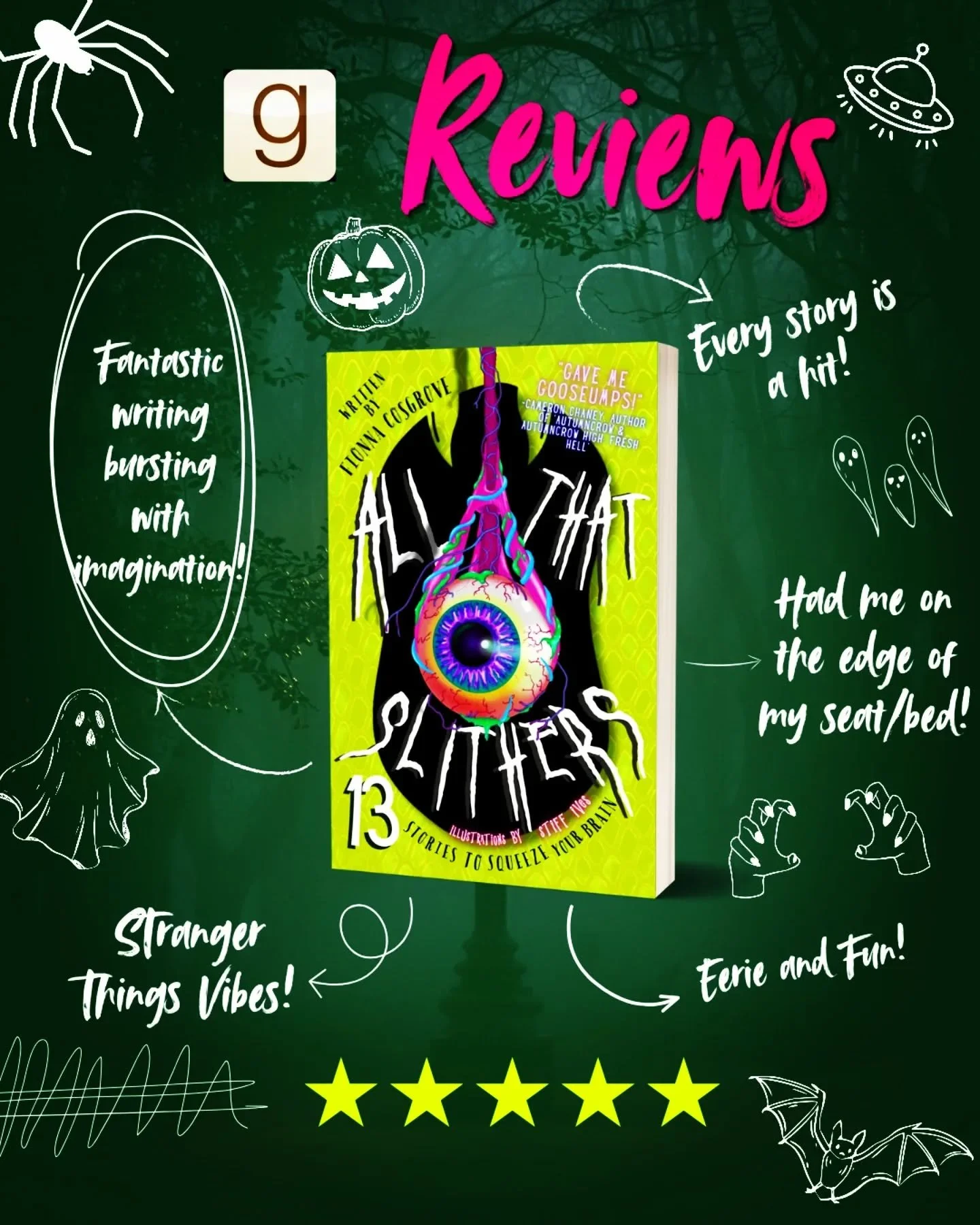 🐍 ALL THAT SLITHERS getting some love over on @goodreads .
.
This beastly little book of 13 (14... 🤫) bubblegum gum horror short stories was a delight to create, along side artist @stiff.ives 🎨 
.
Stories endorsed by some of the coolest @monstersa