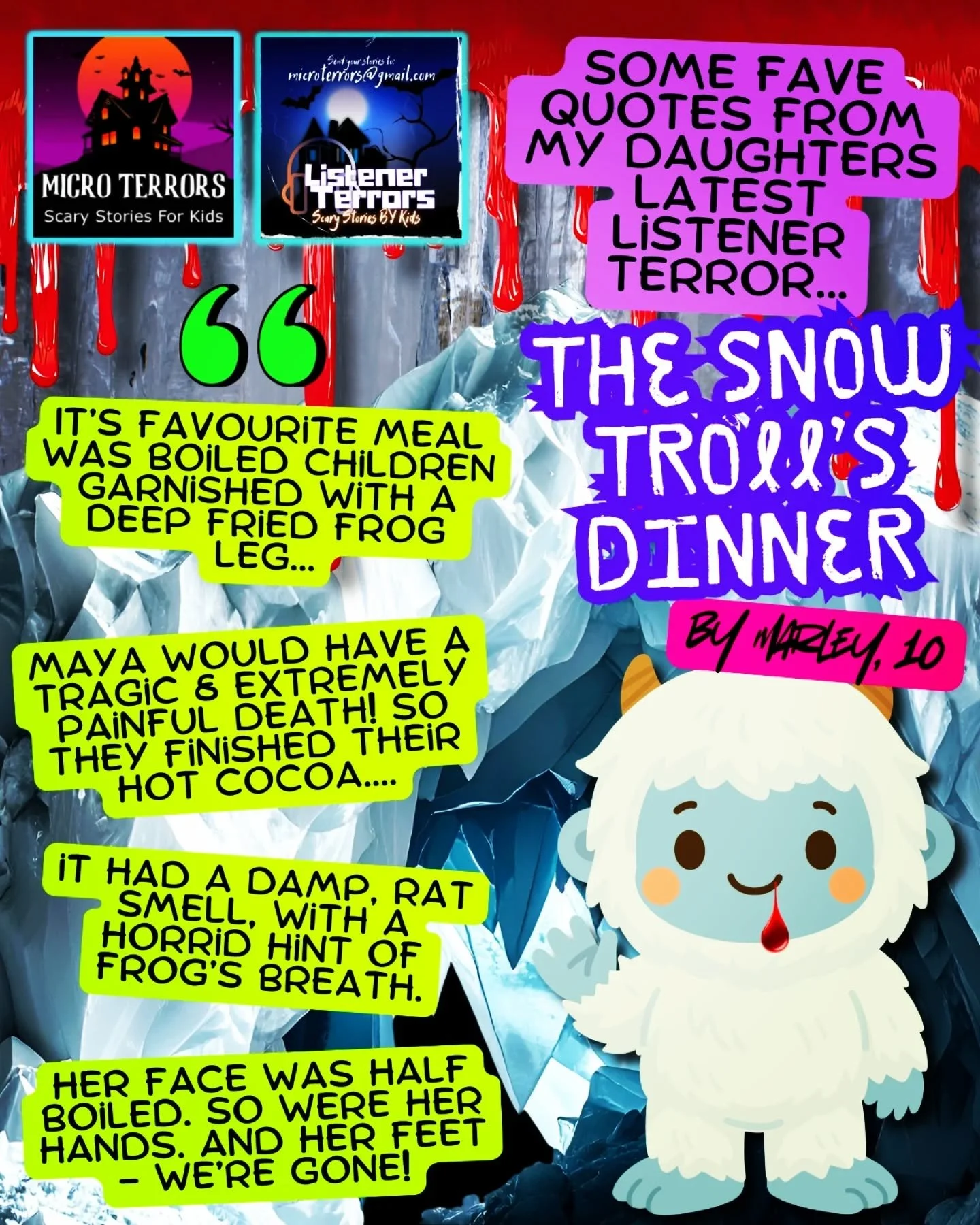 Miss 10 has another one of her inappropriate stories (chip off the old block 💁🏻&zwj;♀️) on the @microterrors listener terrors episodes out now!
.
When you give it a listen, keep in mind that the story had to be edited to remove the many, many, MANY