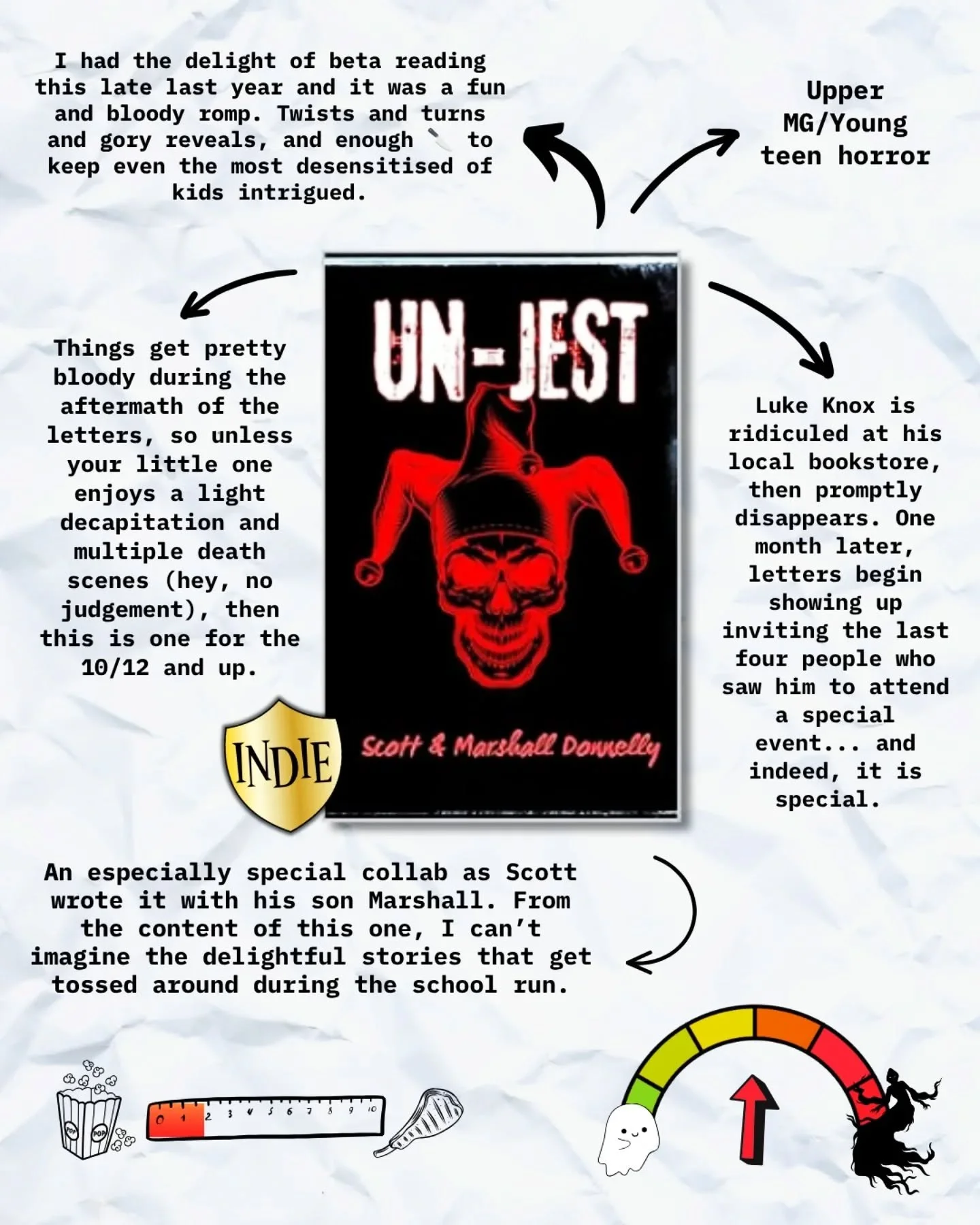 🤡 UN-JEST 🤡 by @scottdonnelly_author 
.
This was a twisty, fast paced, gory ride that will make some young teens happy.
.
Co-written with Scott's son, Marshall, this is an ode to point horror. Kicking off with a missing person's, then adding some m