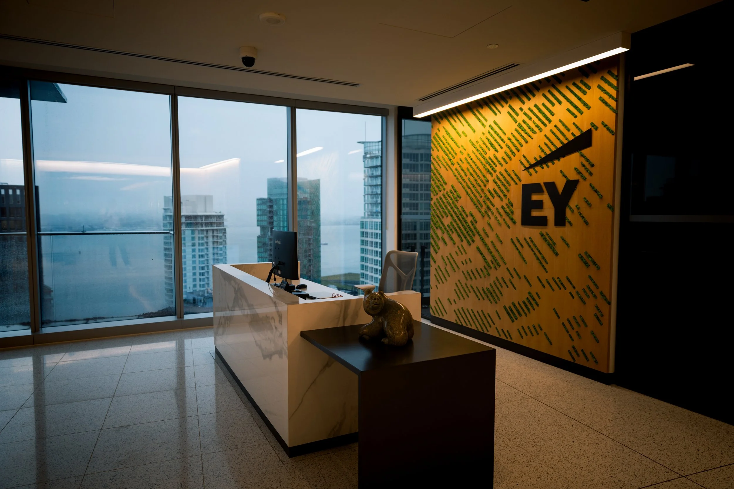 Modern office interior with open workspace and glass-walled meeting room, featuring ergonomic chairs, desks, large windows with city view, and indoor plants.