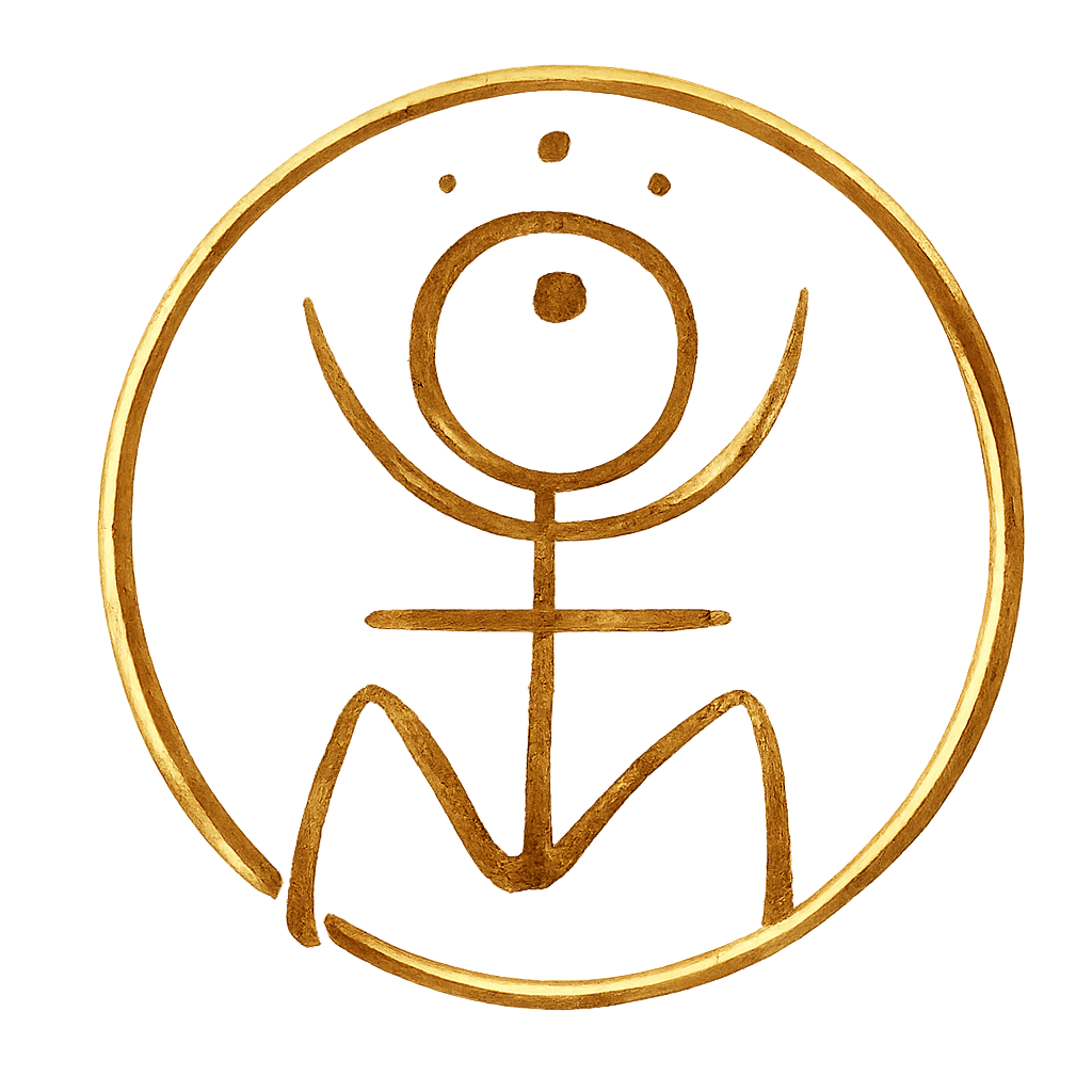 Gold-colored circular pendant with a line drawing of a person squatting, made from a single continuous line, on a black background.