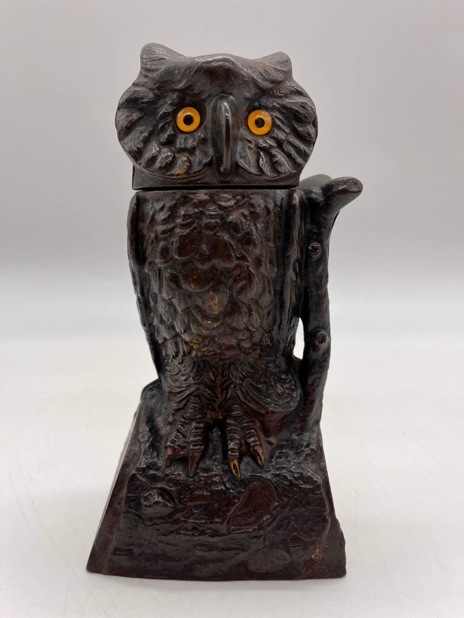 Owl on Log, Glowing Yellow Glass Eyes, Cast Iron Mechanical Bank, Pat'd 1880