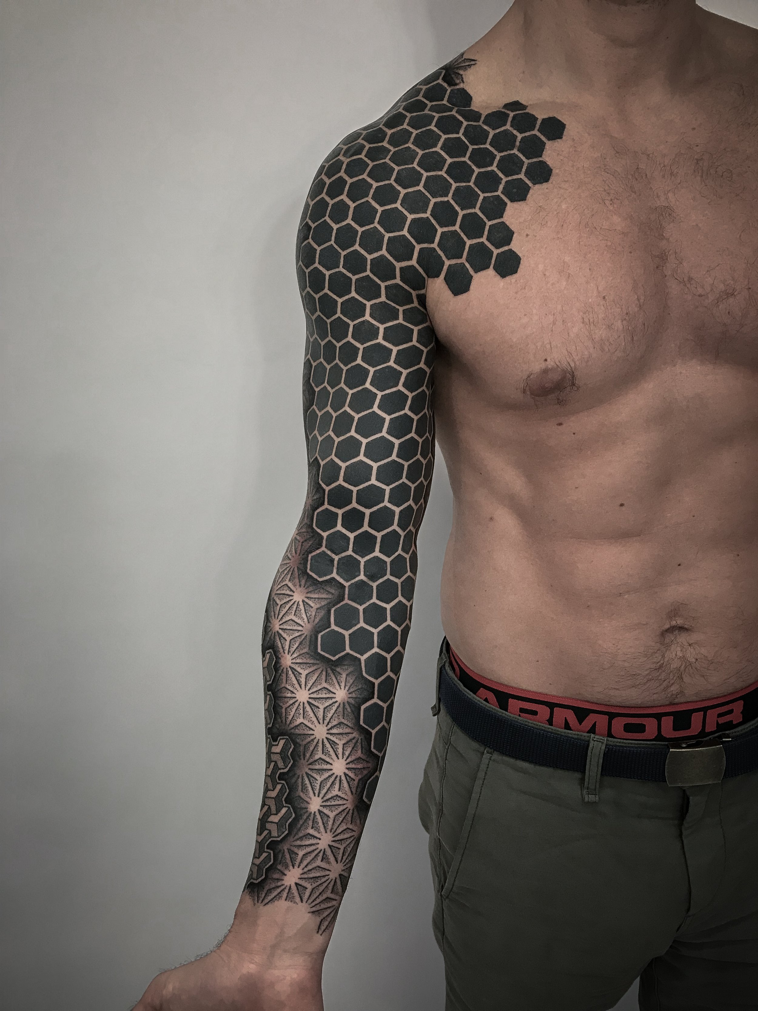 Just finished up this dope ass geometric tattoo #halfsleevetattoo #geometric  #geometrictattoo #homeycombtattoo #tattooideas #mandala #man... | Instagram