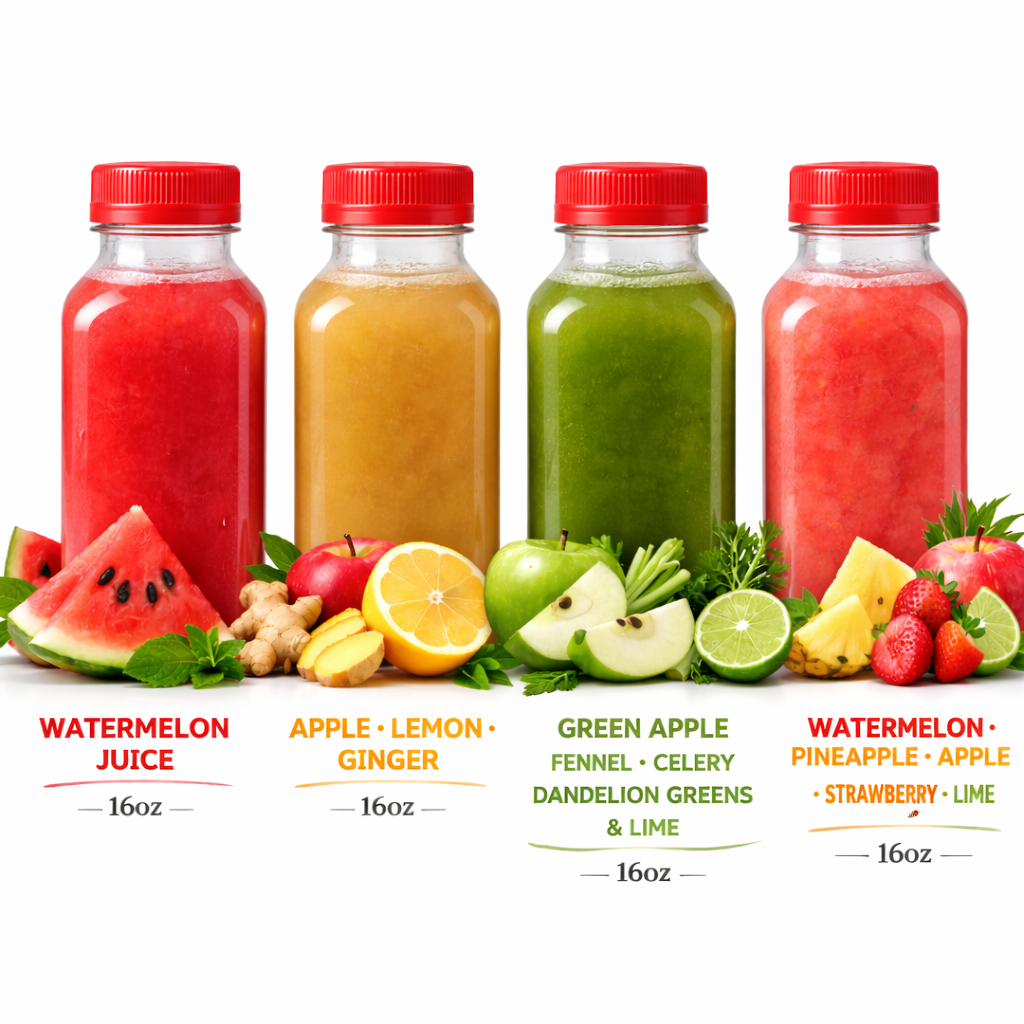 4 pack - Apple, Lemon, Ginger • 100% Watermelon • Green Apple, Fennel, Celery, Dandelion Greens, Lime • Watermelon, Apple,Pineapple, Strawberry, Lime