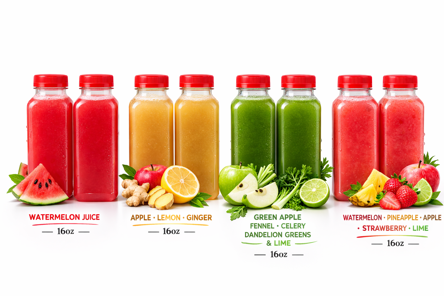 8 Pack- Apple, Lemon, Ginger • 100% Watermelon • Green Apple, Fennel, Celery, Dandelion Greens, Lime • Watermelon, Apple,Pineapple, Strawberry, Lime