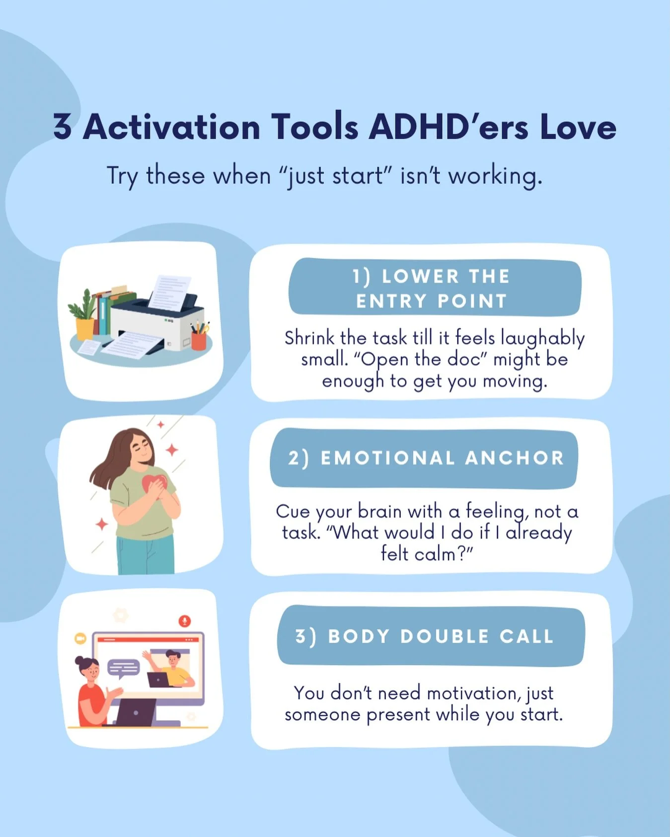 &ldquo;Just start.&rdquo;
If that advice worked, you wouldn&rsquo;t still be stuck.

ADHD brains don&rsquo;t need more pressure. They need better entry points.

Try lowering the bar.
Cue the feeling first.
Or borrow someone else&rsquo;s presence.

Wh