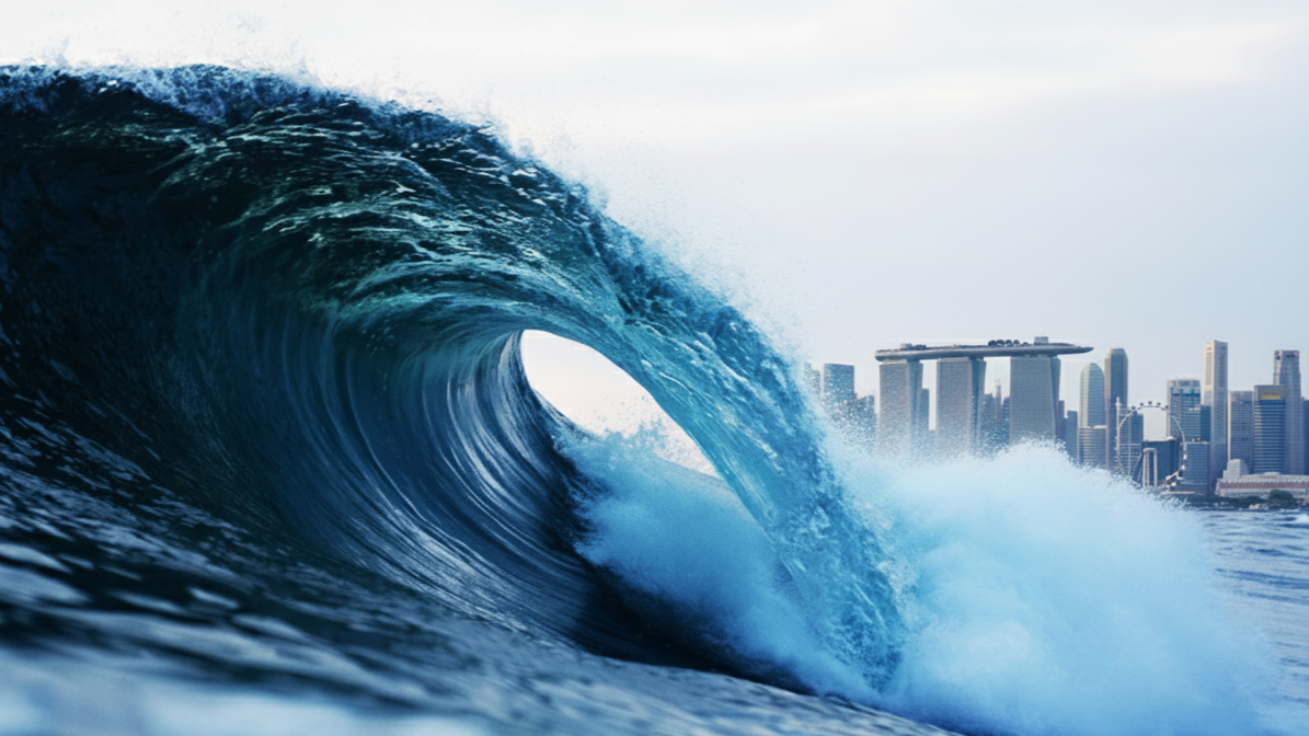 Large ocean wave with the city skyline, including Marina Bay Sands, in the background.