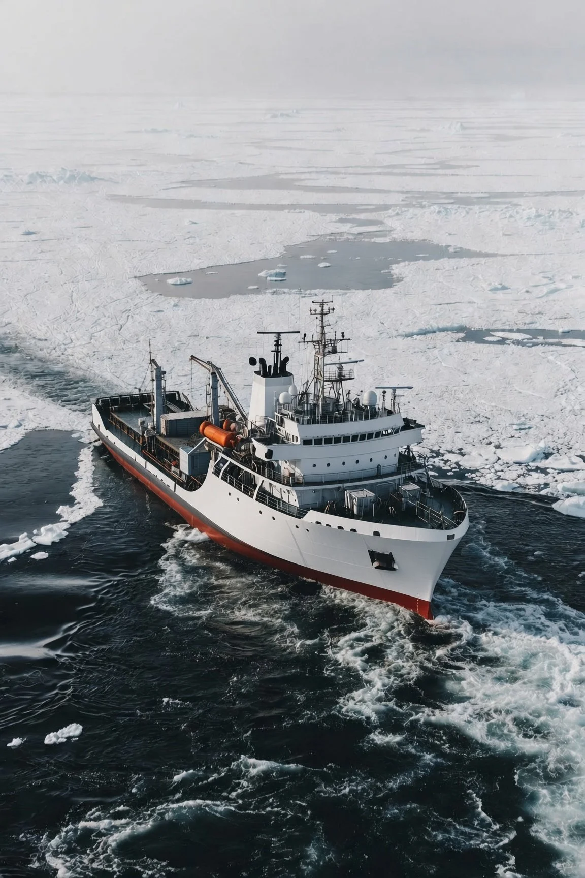 A large ship navigating through icy Arctic waters with icebergs and frozen sea surrounding it.