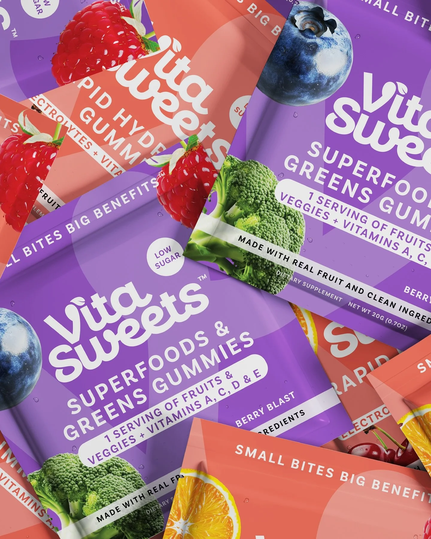 Design that looks as delicious as the product 💧💦
Brand identity & packaging design for @eatvitasweets 
We wanted the packaging to feel so tempting, you’d almost taste it - bold colours with fresh fruits and glossy water droplets that ma