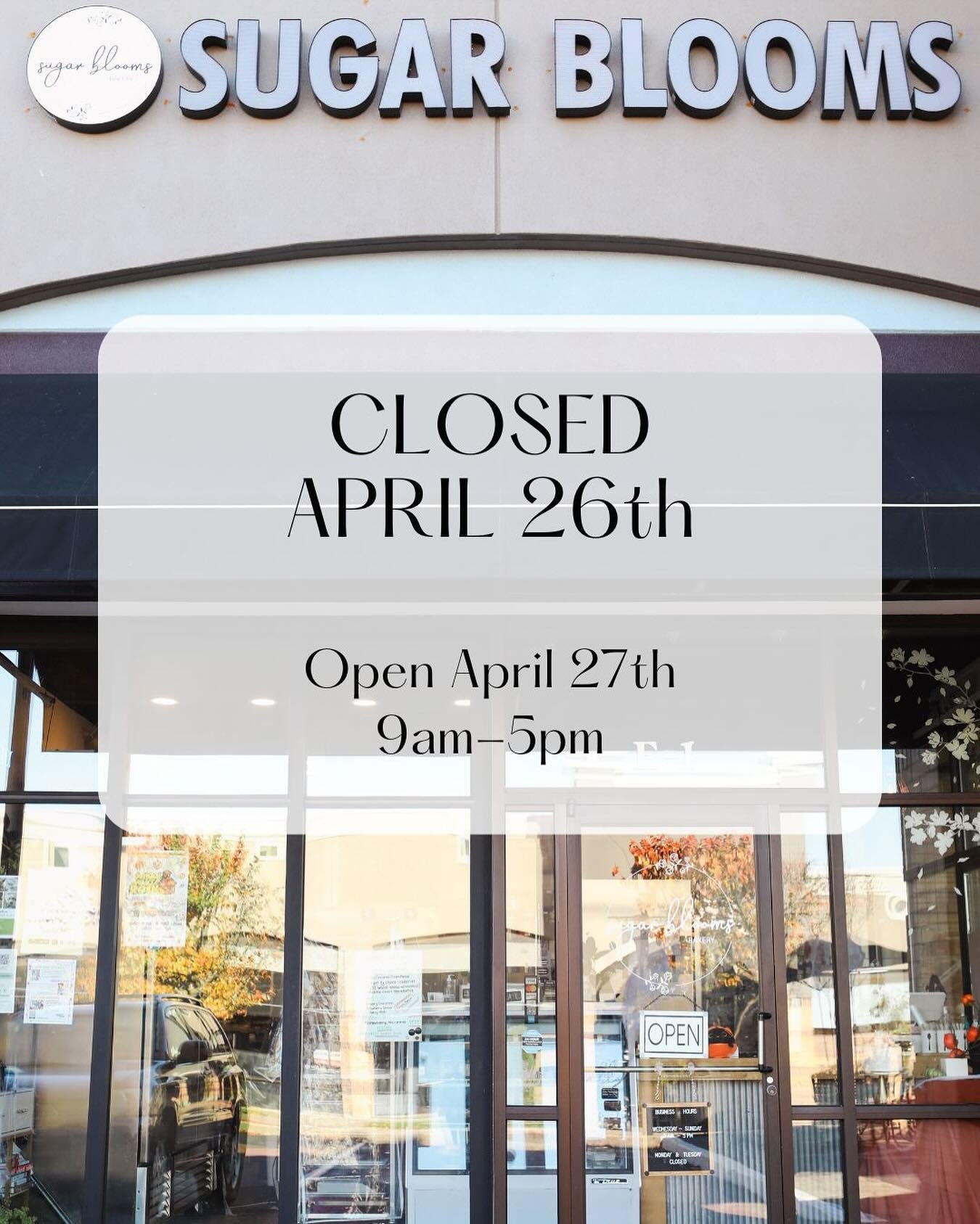 We&rsquo;re CLOSED today, April 26th, for a special catering event. If you&rsquo;ve got a cake order waiting, don&rsquo;t worry&mdash;it&rsquo;s still in the works! 

We&rsquo;ll be back tomorrow, April 27th, from 9 am to 5 pm. Our bakery has been bu