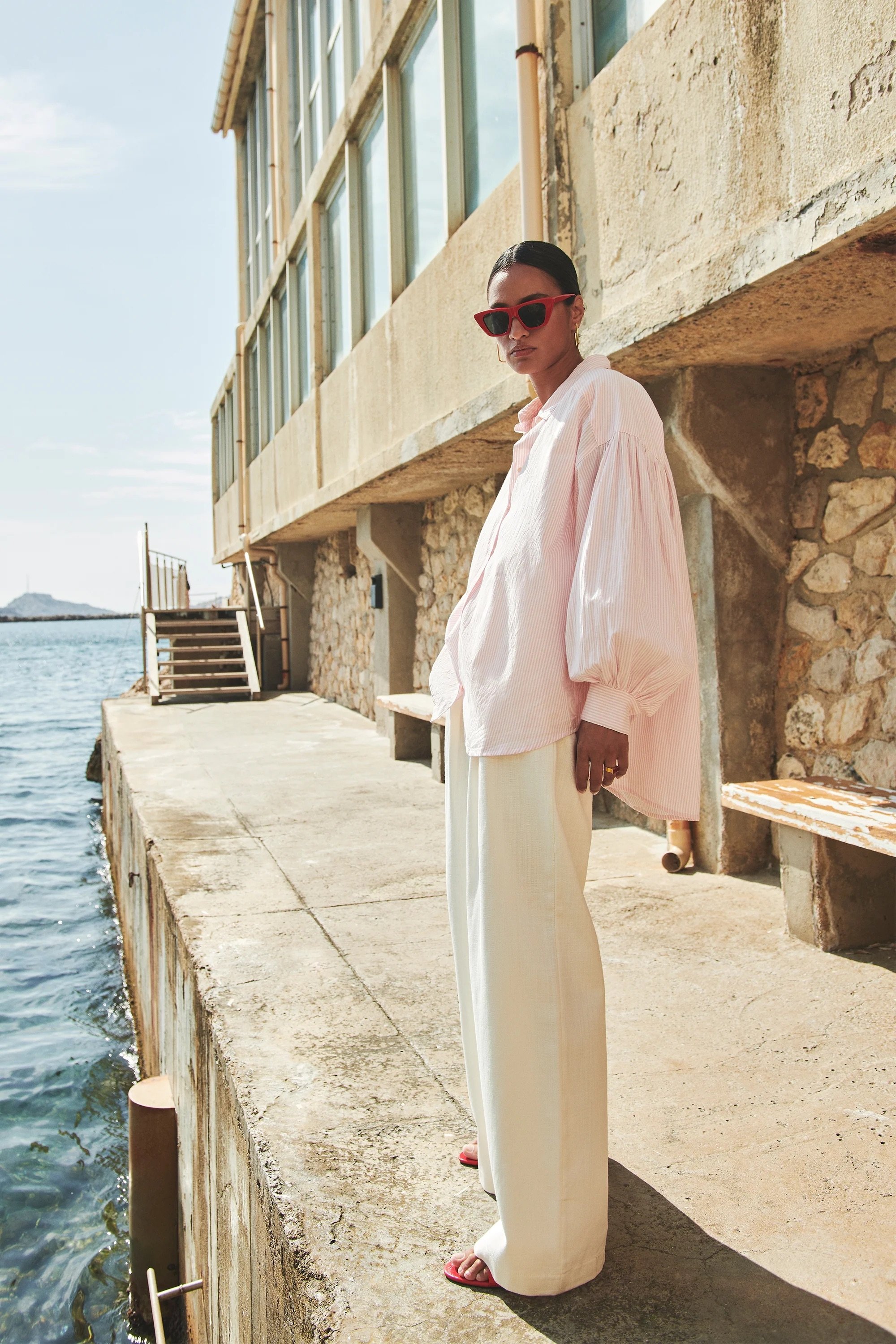 By Bar Bluse Sarah Chambray in Rosa / White Striped