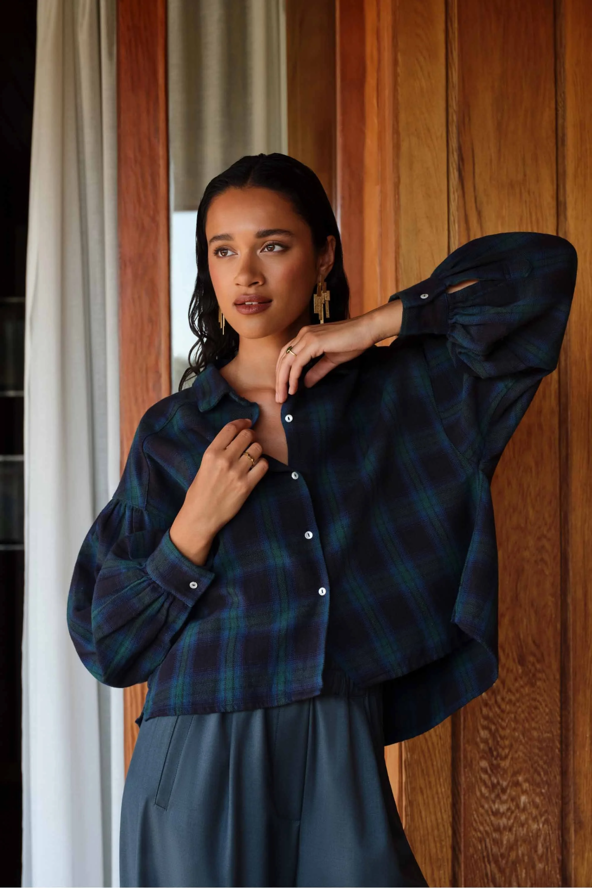 By Bar Bluse Sarah in Green Tartan Check