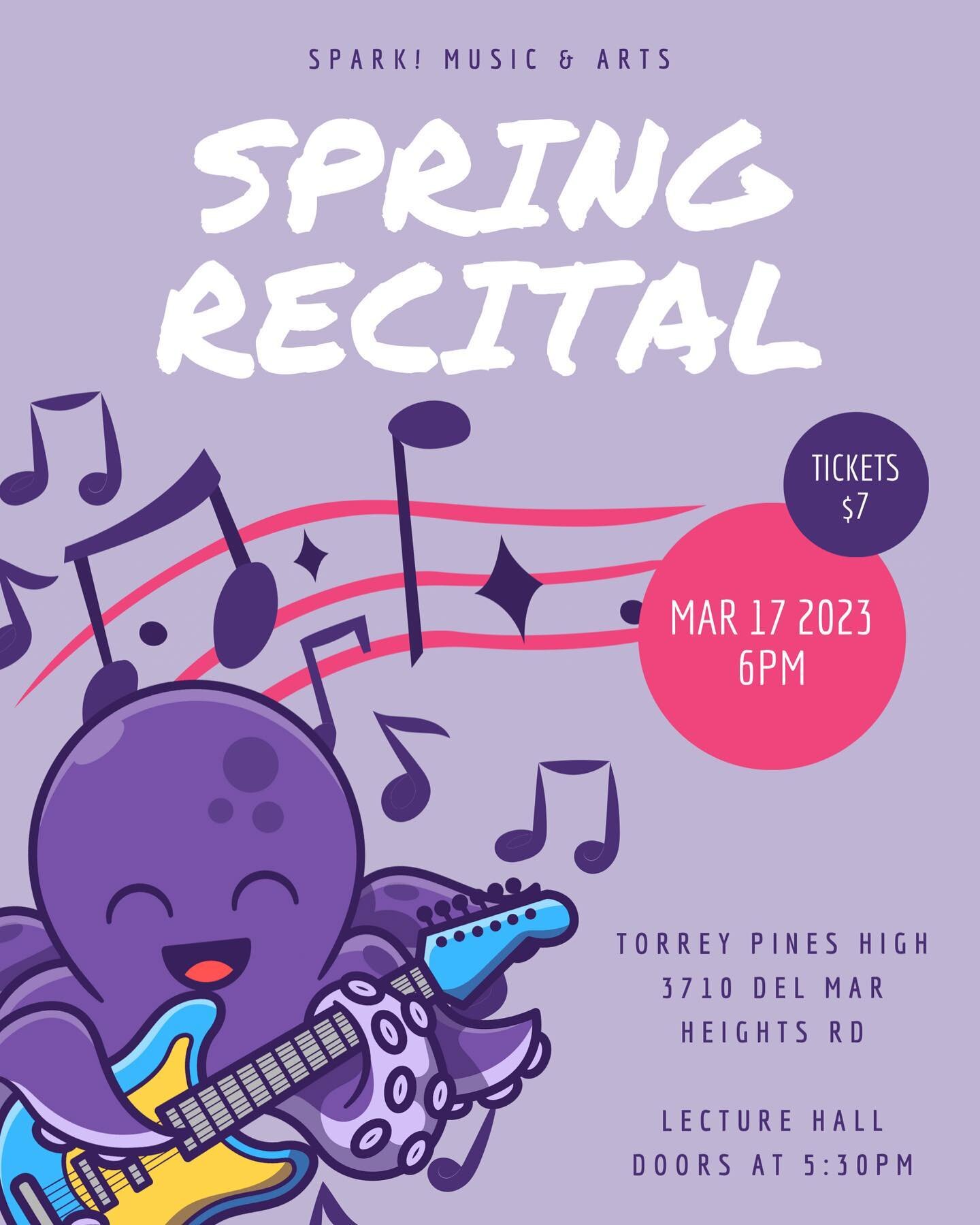 Our Spring Student Recital is MAR 17!  Register now and get your tickets online.  Link in bio!  Parents + siblings get free admission. 🎟️