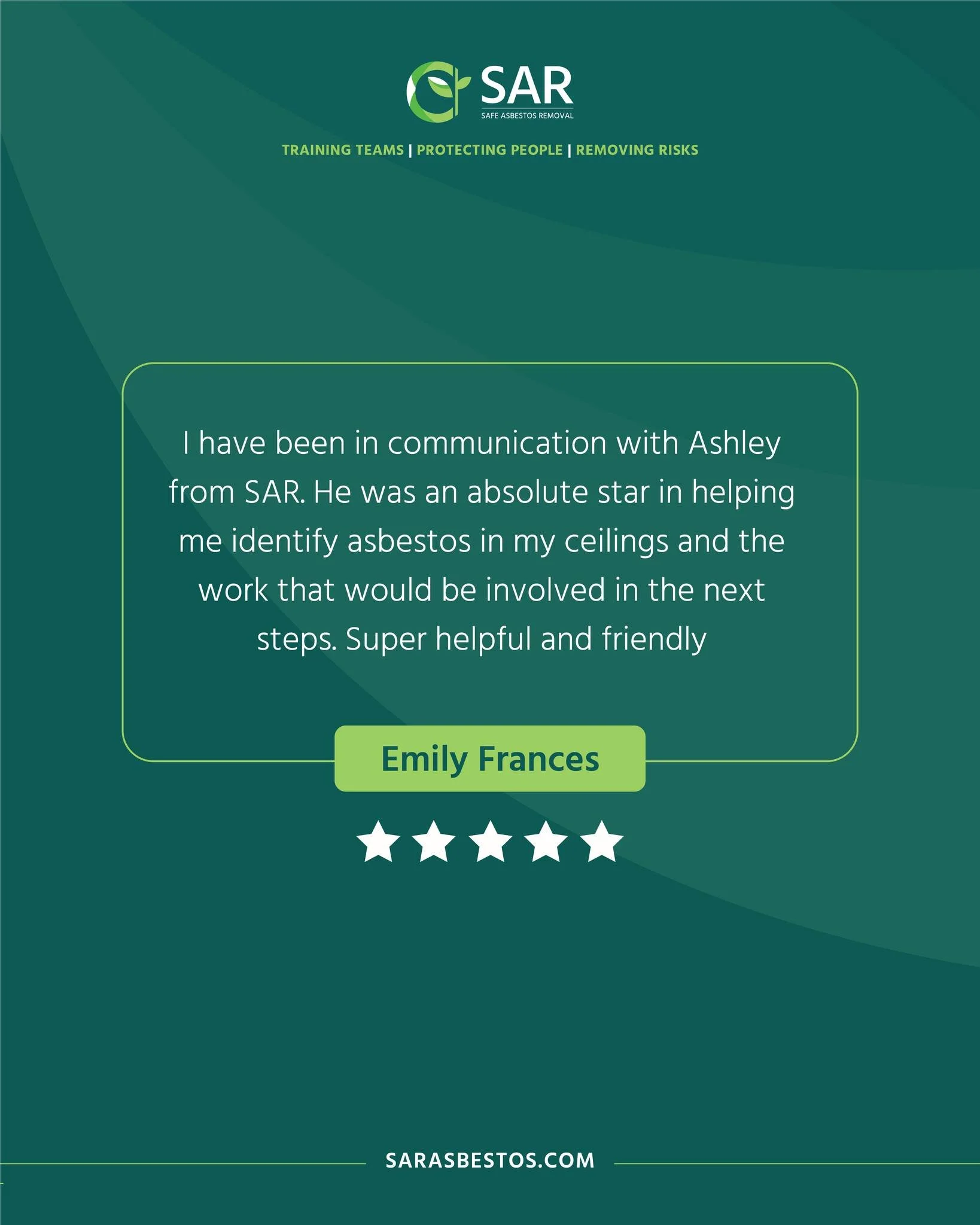 Setting an example from the top! 

Ash was recognised for his knowledge, support, and friendly approach during a recent asbestos enquiry;

&quot;I have been in communication with Ashley from SAR. He was an absolute star in helping me identify asbesto