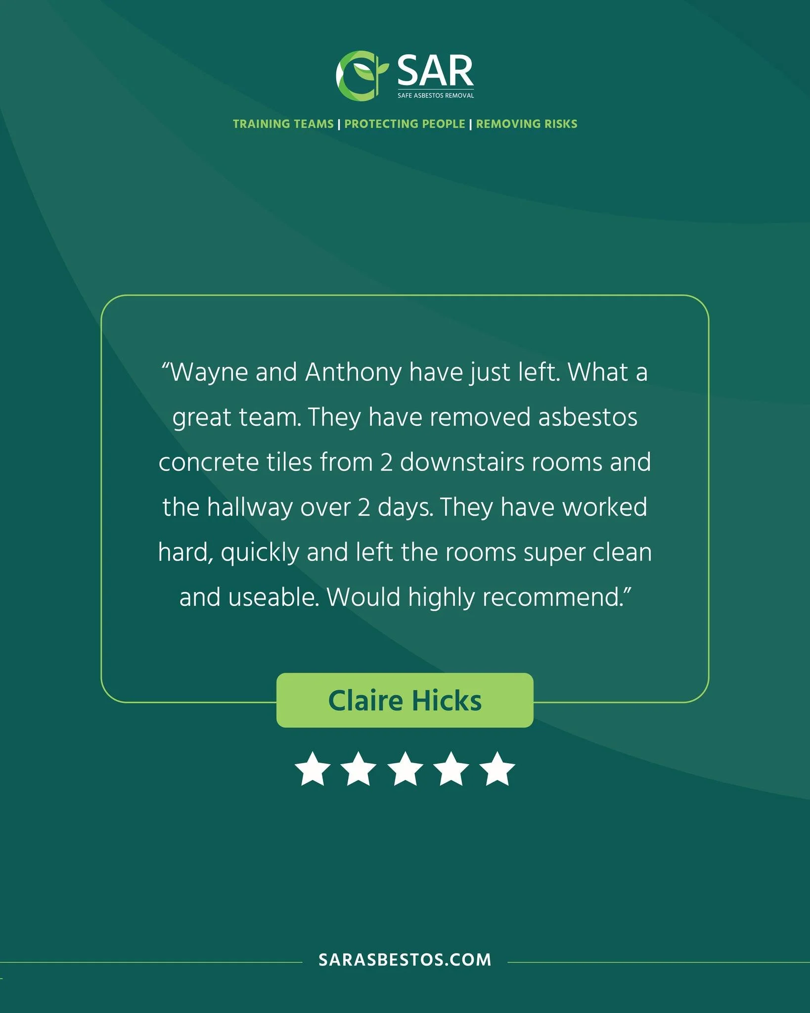 &ldquo;They worked hard, quickly and left the rooms super clean and useable. Would highly recommend.&rdquo; &mdash; Claire H.

Behind every five-star review is careful planning: survey ➜ plan of work ➜ controlled removal ➜ independent clearance testi