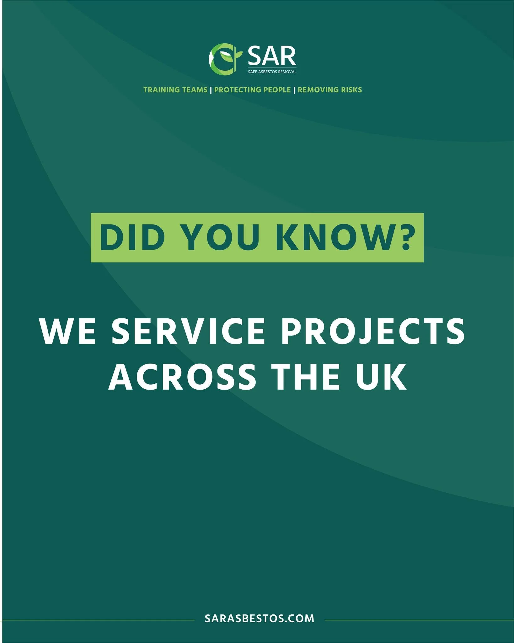 Our award winning team service projects across the UK of all sizes. If you have a domestic or commmercial project and need professional asbestos removal, contact us today.

sarasbestos.com