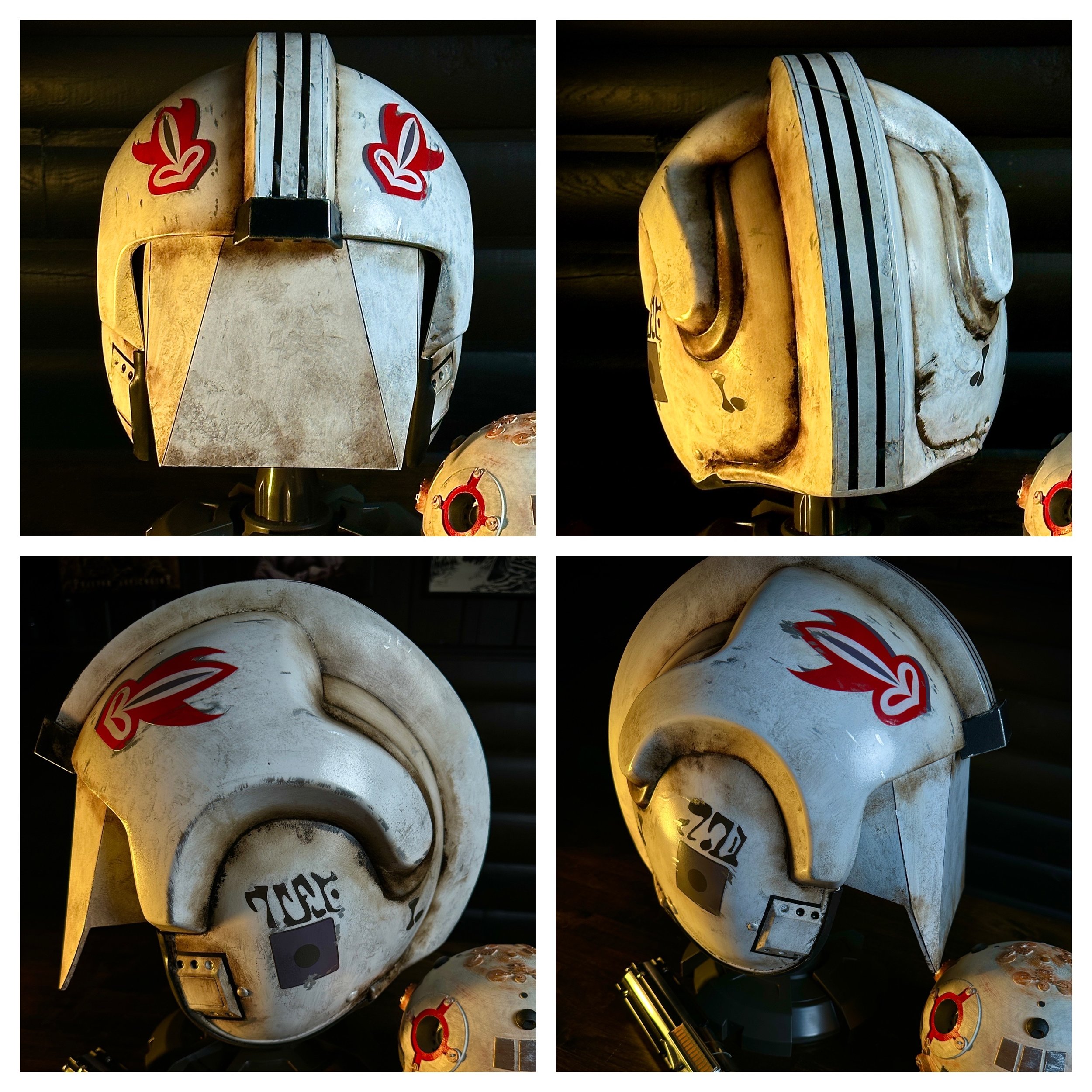 Galaxys Edge X-Wing pilot helmet, repainted and customized into a Blast Shield Jedi Training helmet from A New Hope. 
