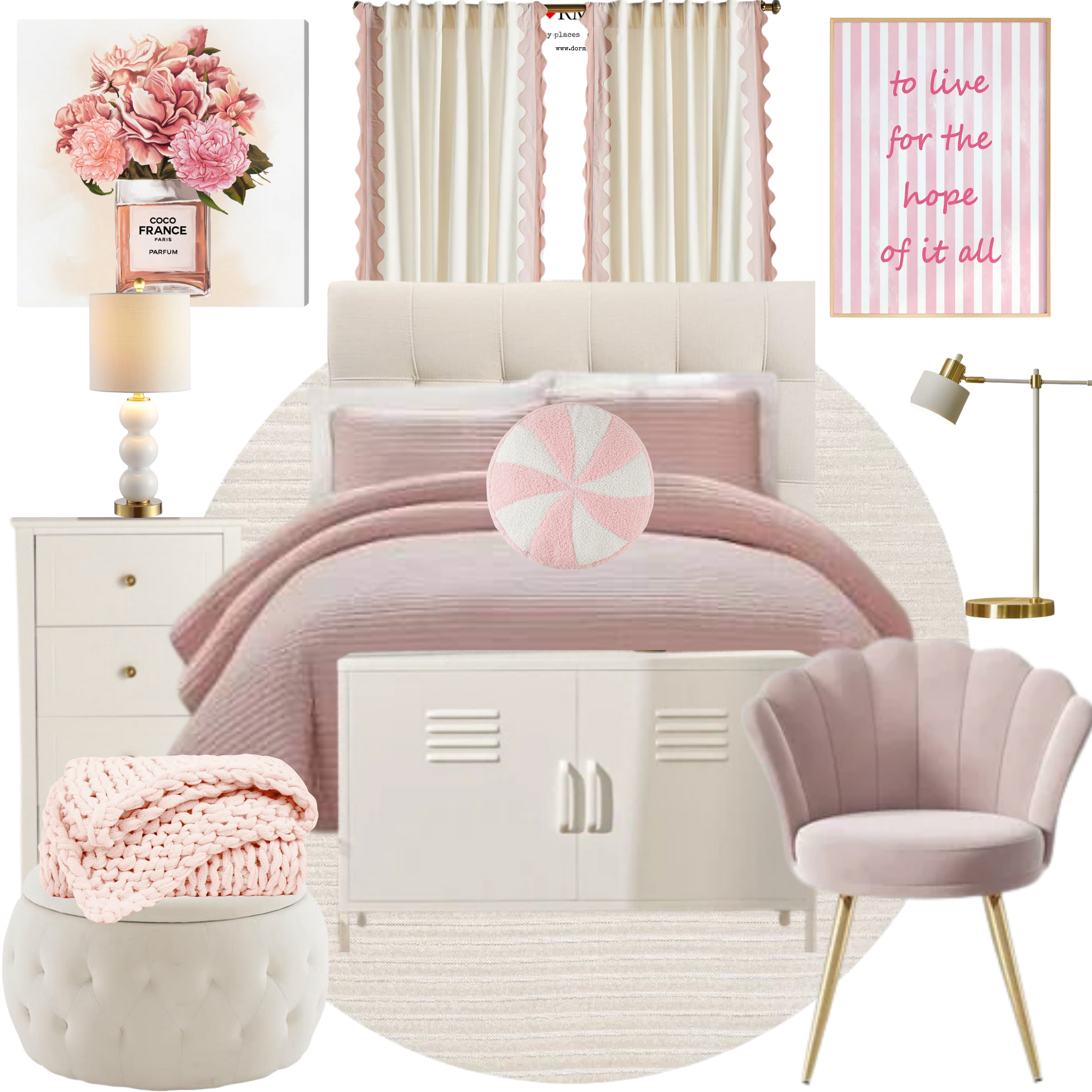 A bedroom interior design featuring a white upholstered bed with pink bedding and decorative pillows. There is a white chest of drawers with a lamp and floral decor. A round pink ottoman with a knitted blanket, a pink and white striped chair, and a white and gold standing lamp are also present. On the wall, there's an art piece of a chandelier, motivational quotes, and curtains. The overall color scheme is pink and white.