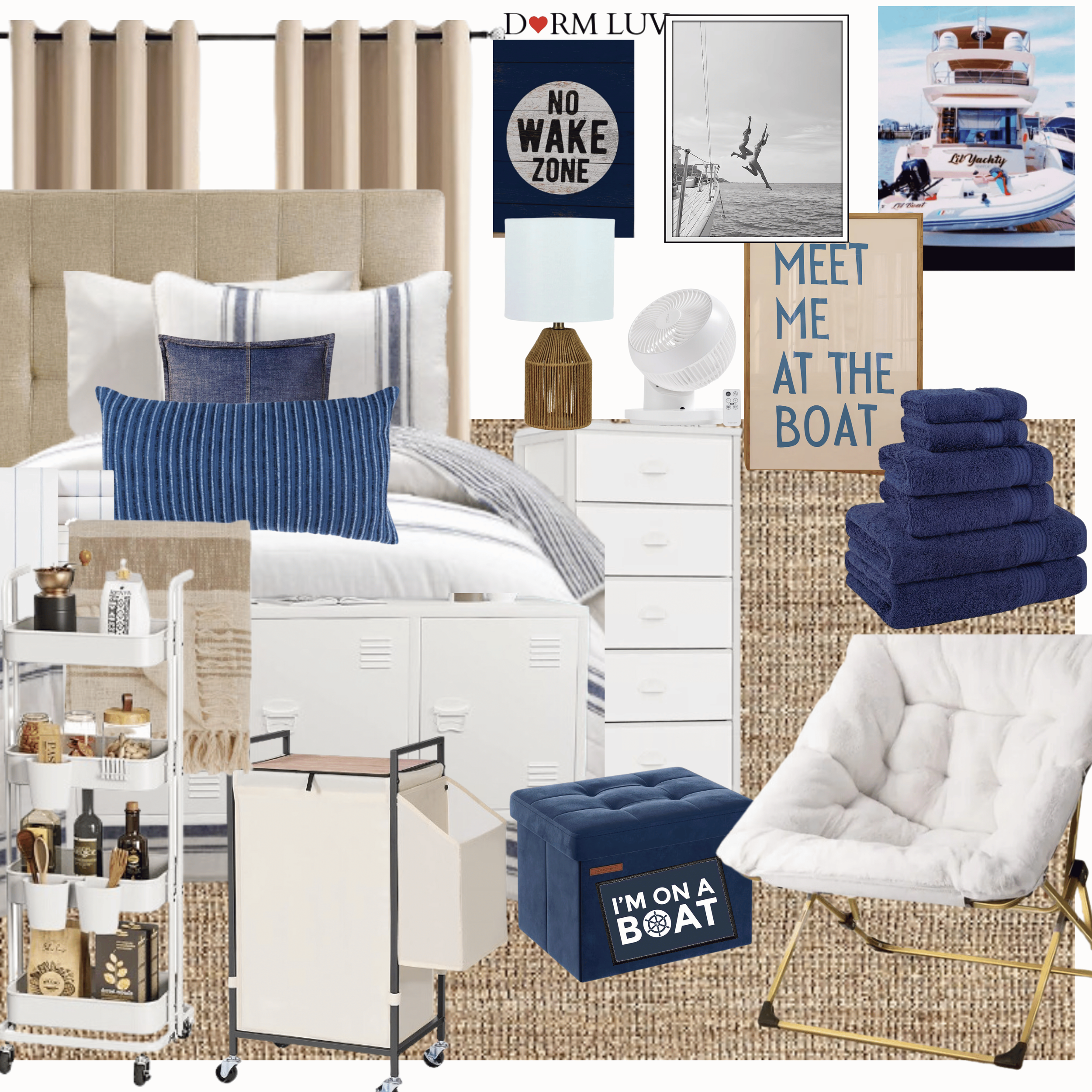 Nautical-themed dorm room design with beige upholstered bed, navy pillows, white drawers, wicker lamp, fanned decor, stacked navy towels, wall art of boats and nautical phrases, storage carts, and a plush white chair on a woven rug.
