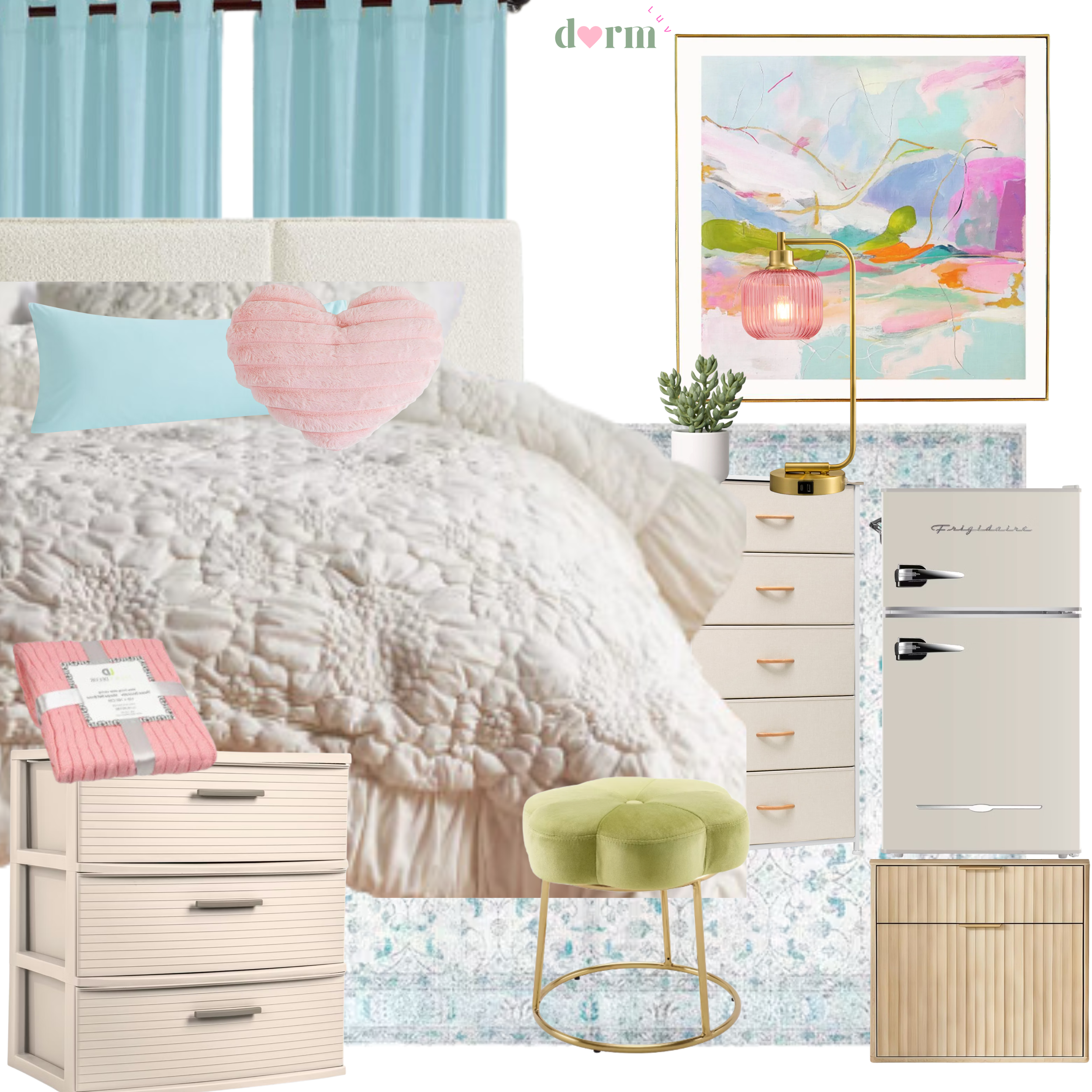 Collage of a stylish dorm room featuring a bed with pink and teal pillows, turquoise desk chair, white dresser, potted plant, pastel art, and colorful rug.