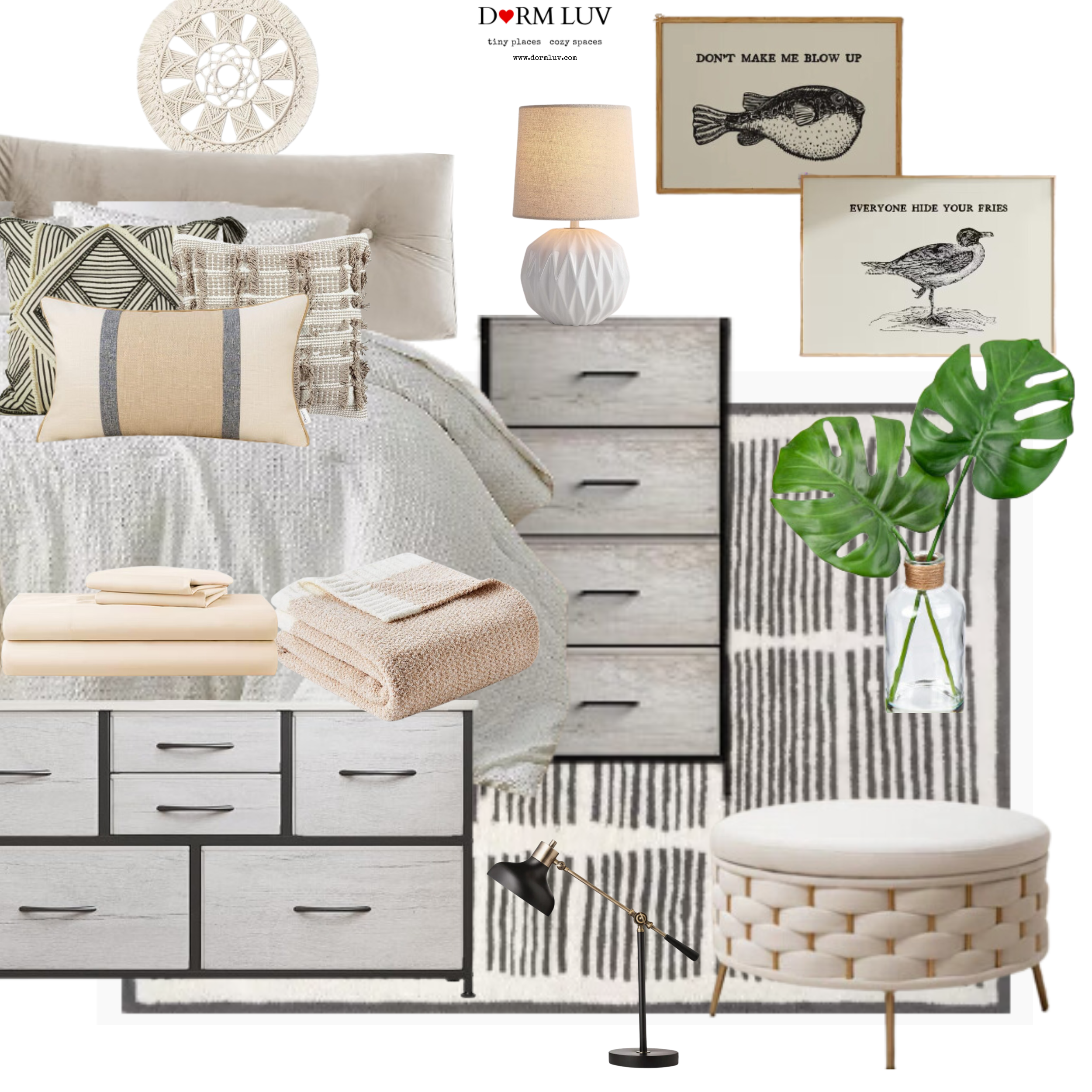 Bedroom decor with bed, pillows, dresser, lamp, art prints, rug, and accessories