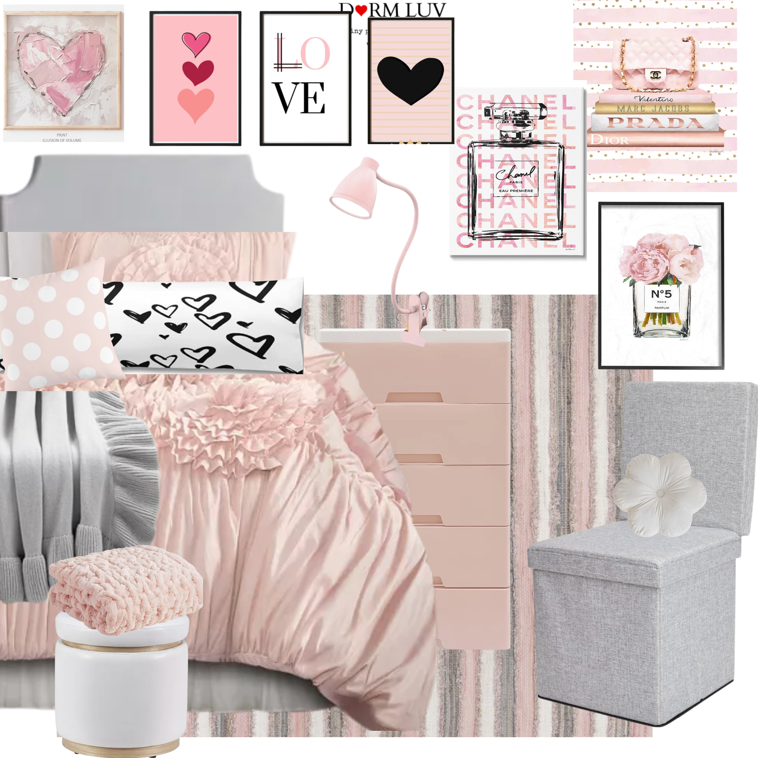 Collage of pink and gray bedroom decor with bedding, pillows, art prints, and chic accessories, designed for a stylish dorm room.