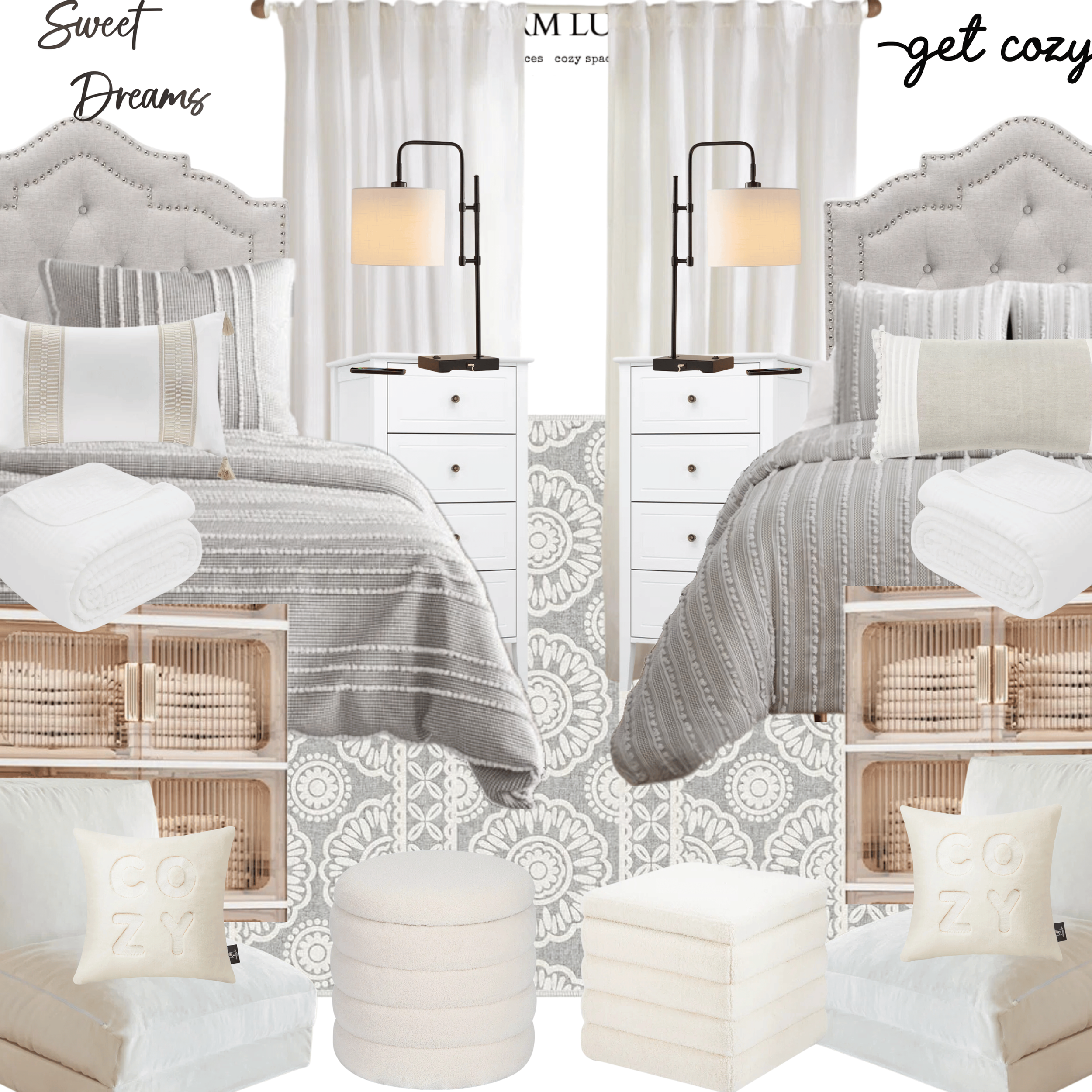 Collage of cozy bedroom decor with gray tufted headboards, white nightstands, gray and white bedding, pillows labeled "cozy," white curtains, lamps, and stacked towels.