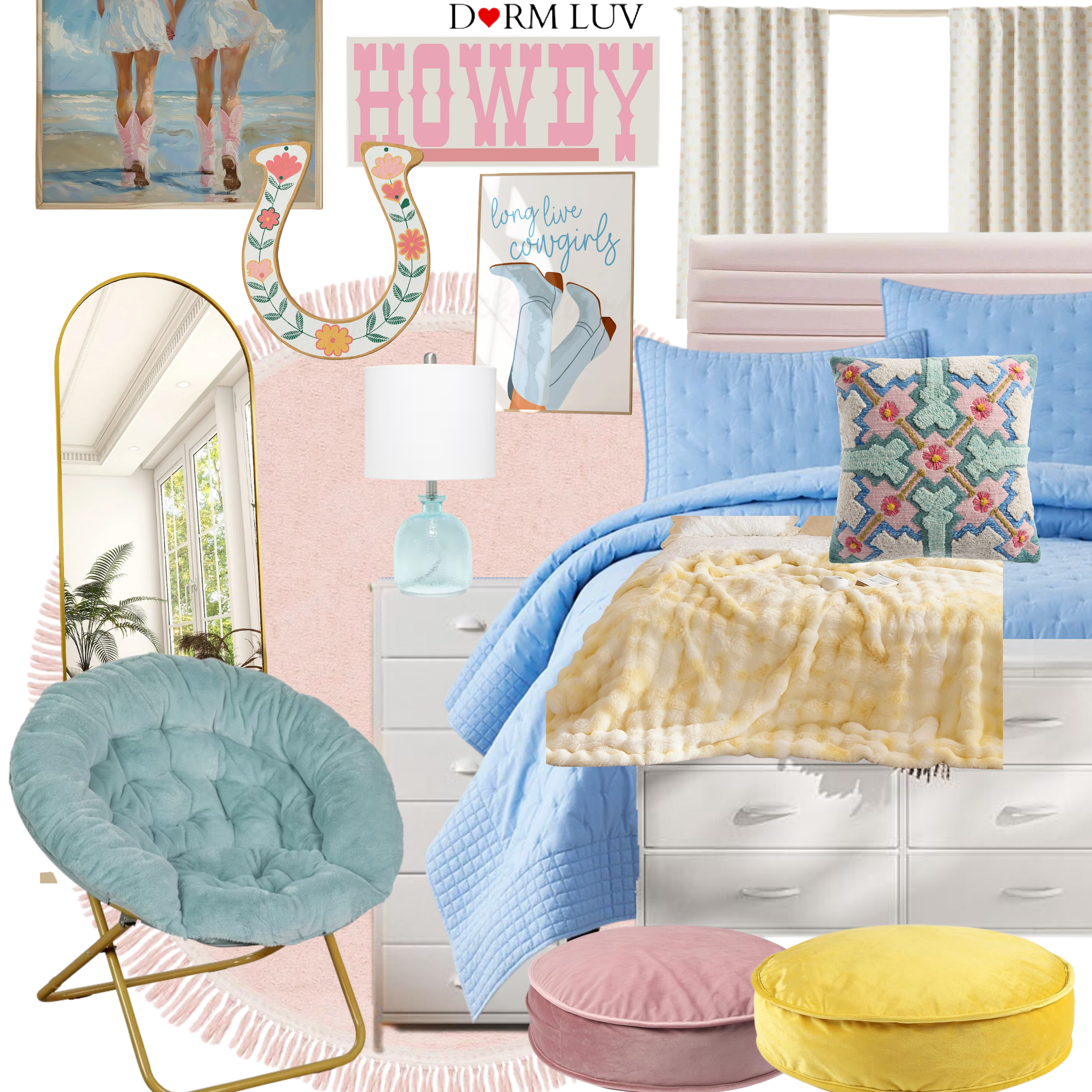 Stylish teen bedroom decor with bed, floral bedding, tall mirror, pink and blue accessories, gold frame chair, and wall art.