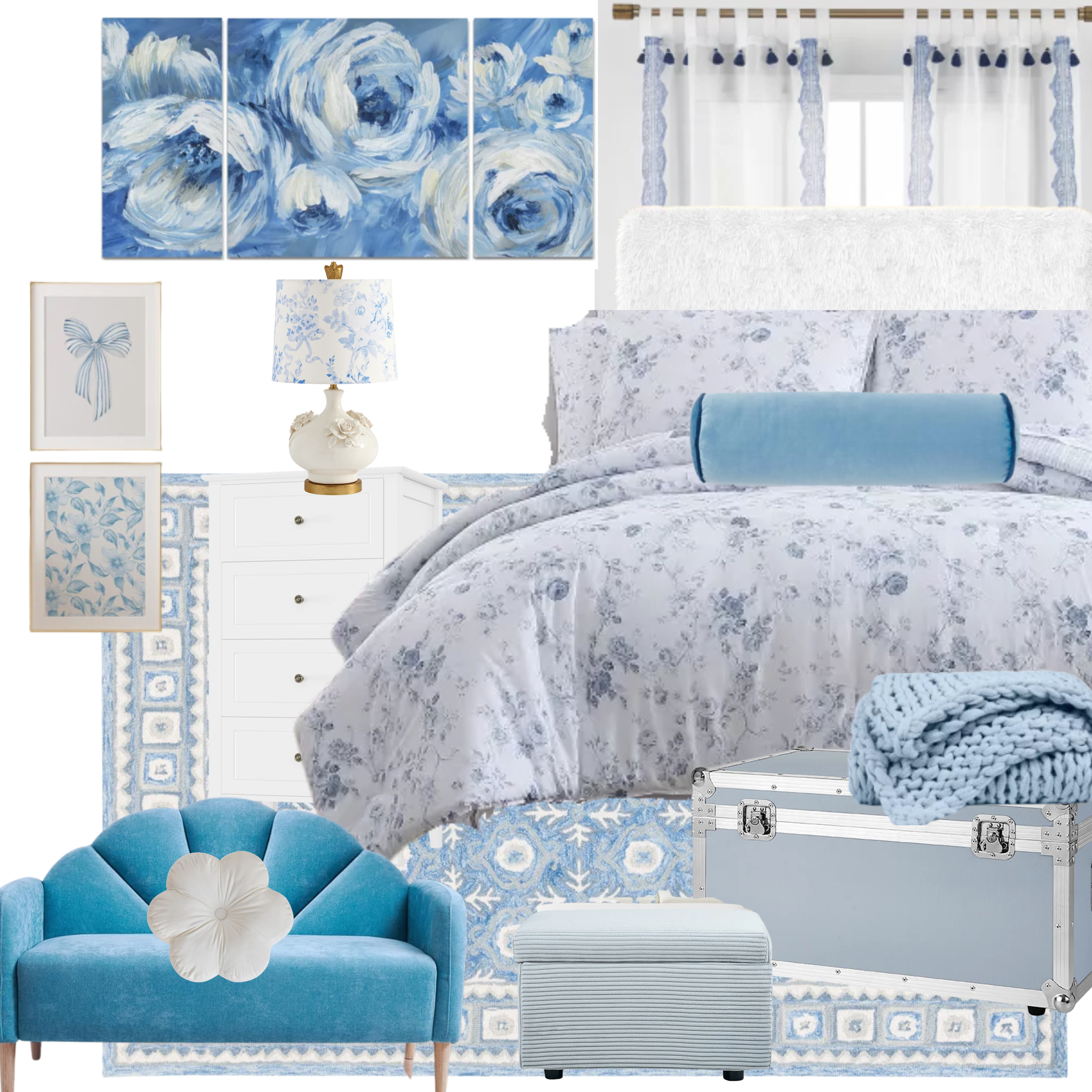 Collage of blue and white home decor items including floral bedding, a blue sofa with a flower pillow, wall art, a mirror, and storage bins.