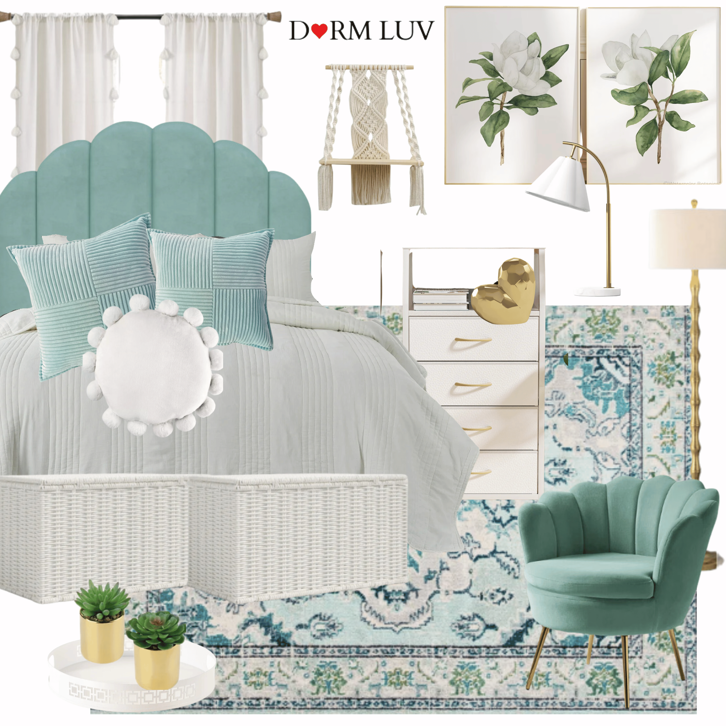 Dorm room decor with a teal bed, round pillows, white quilt, wicker baskets, blue patterned rug, green chair, white dresser with heart decor, gold lamp, woven wall hanging, floral artwork, and potted plants.