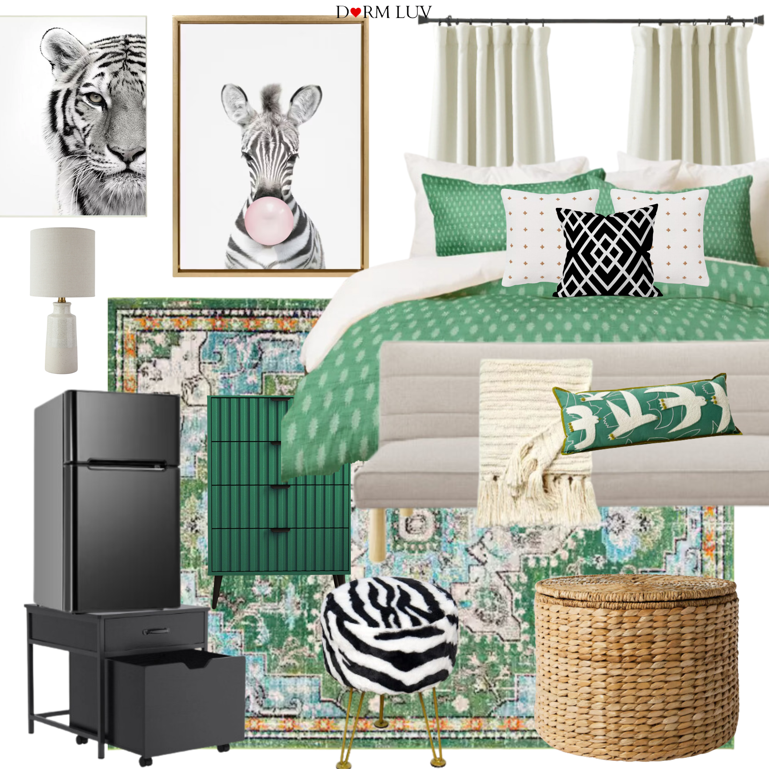 Collage of dorm room decor items including a green polka dot bedspread, decorative pillows, a white lamp on a nightstand, a black refrigerator, a wicker basket, a colorful rug, and a tiger-themed artwork.