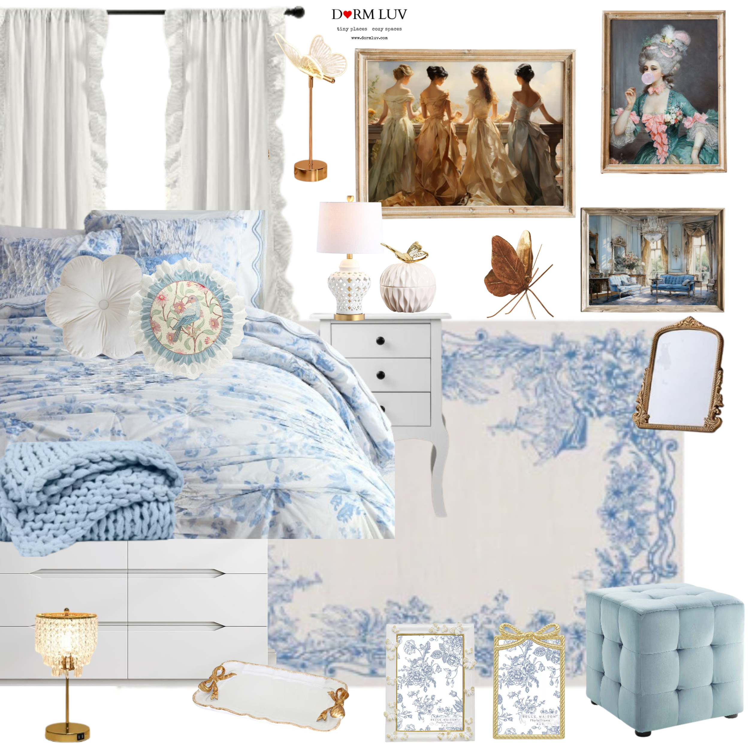 Collage of elegant bedroom decor with blue and white theme, featuring bedding, curtains, wall art, lamps, and accessories.