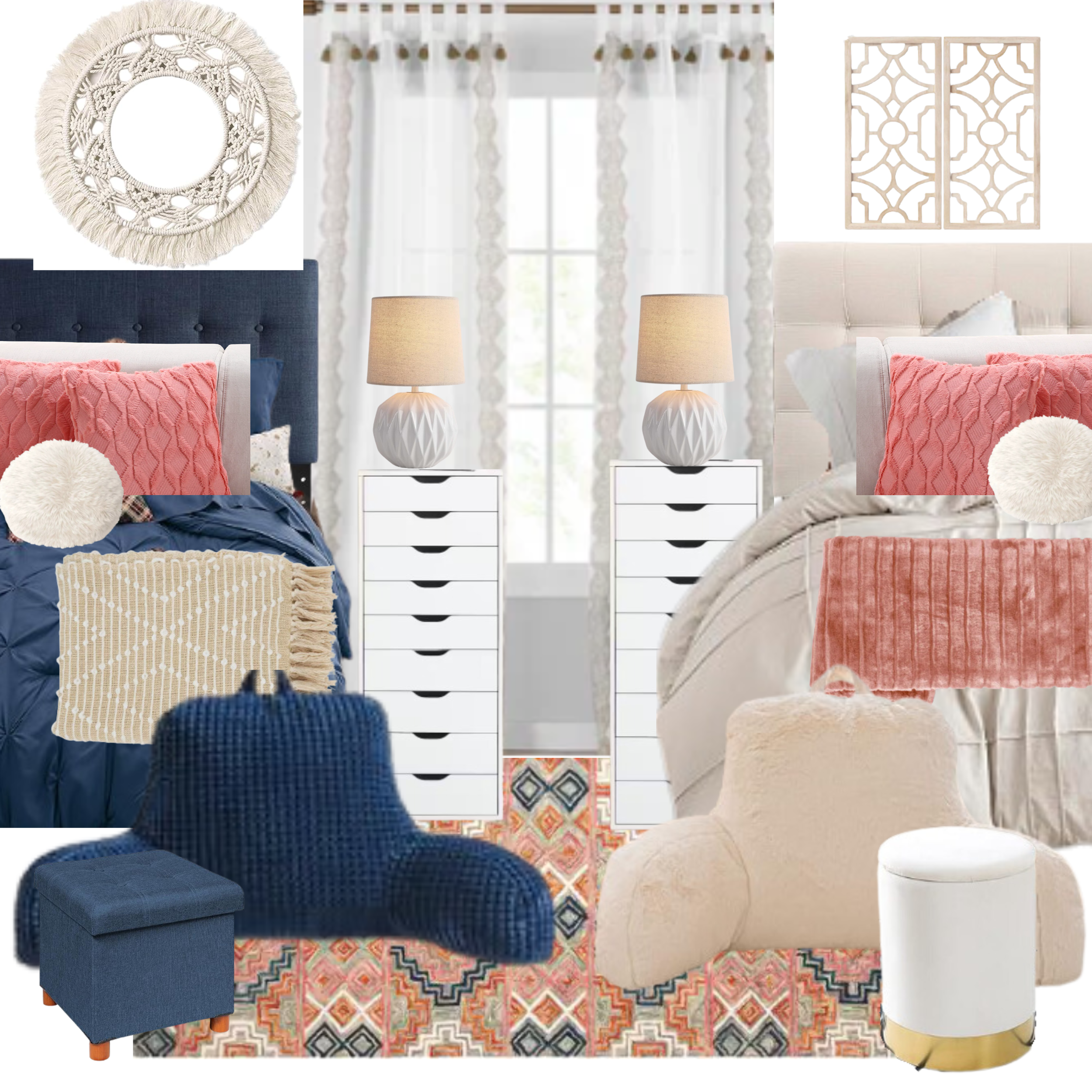 Bedroom decor ideas with two different themes, featuring navy and coral pillows, plush bedding, white dressers with lamps, geometric wall art, and patterned rugs.