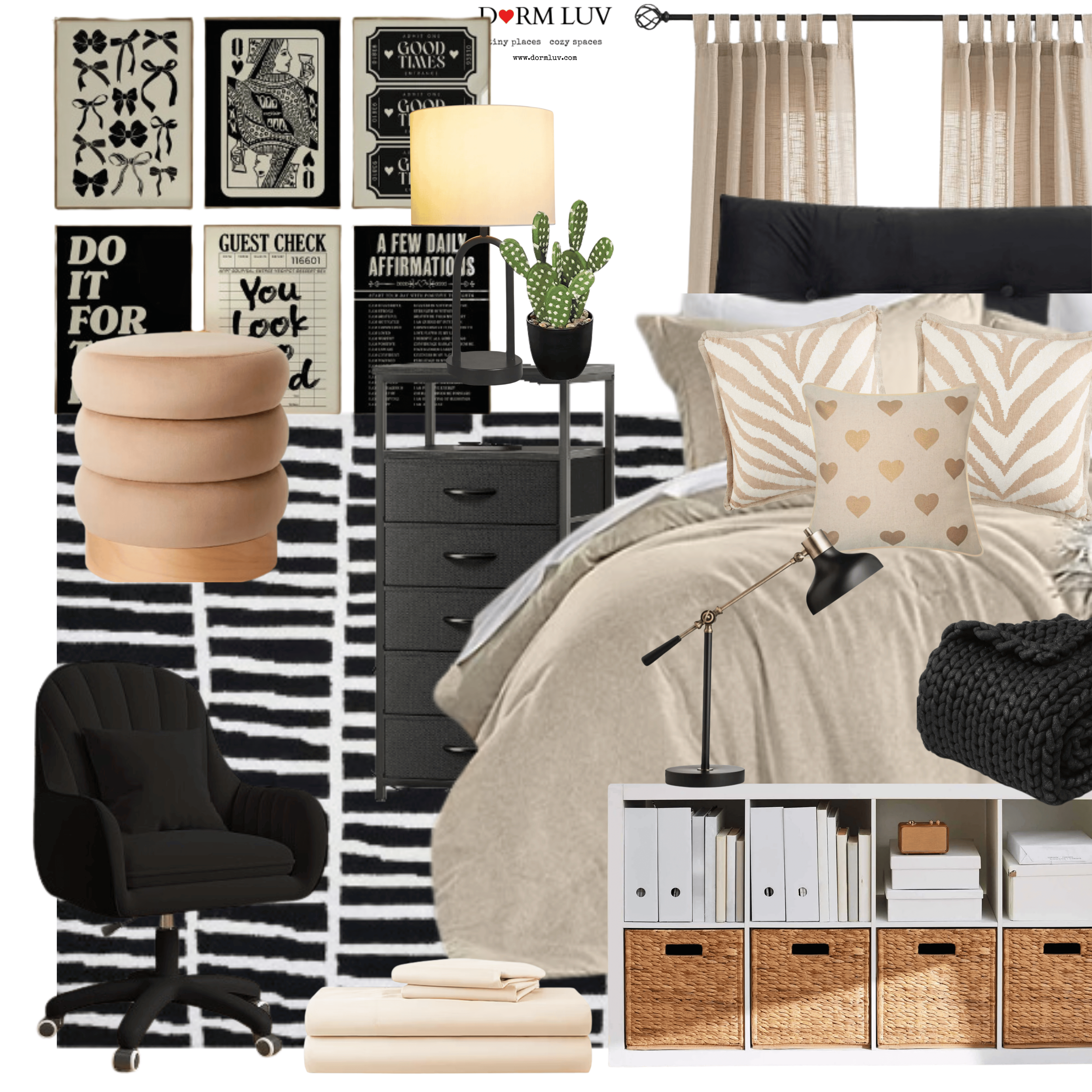 Dorm room decor inspiration with black and beige theme, featuring a bed with pillows, black office chair, striped rug, storage units, wall art, and plants.