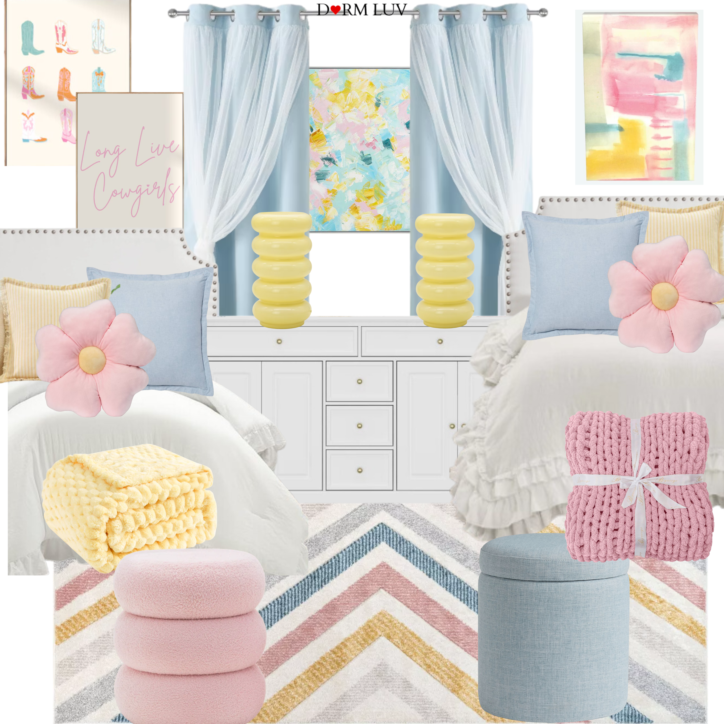 A cozy dorm room design featuring two white twin beds with ruffled bedding, pink and yellow accent pillows, and floral cushions. Between the beds is a white storage unit with pastel lamps. The walls are decorated with colorful artwork, and soft blue curtains frame the windows. The room has a colorful striped rug and fluffy ottomans with knitted blankets.