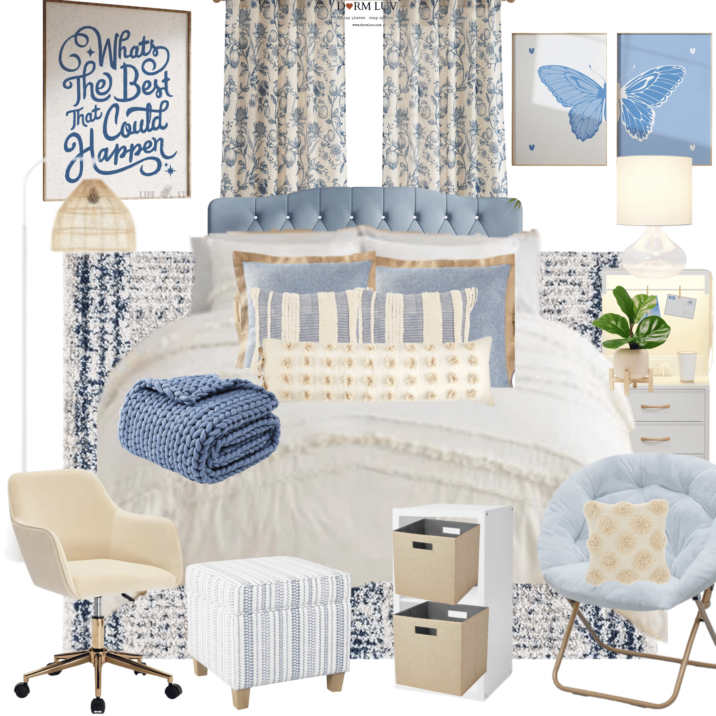 Room design mood board featuring a blue and beige color scheme, with a blue upholstered bed, decorative pillows, white bedding, wall art, a blue patterned rug, a white desk chair, plant in a pot, storage boxes, lamp, and a variety of decorative accents.