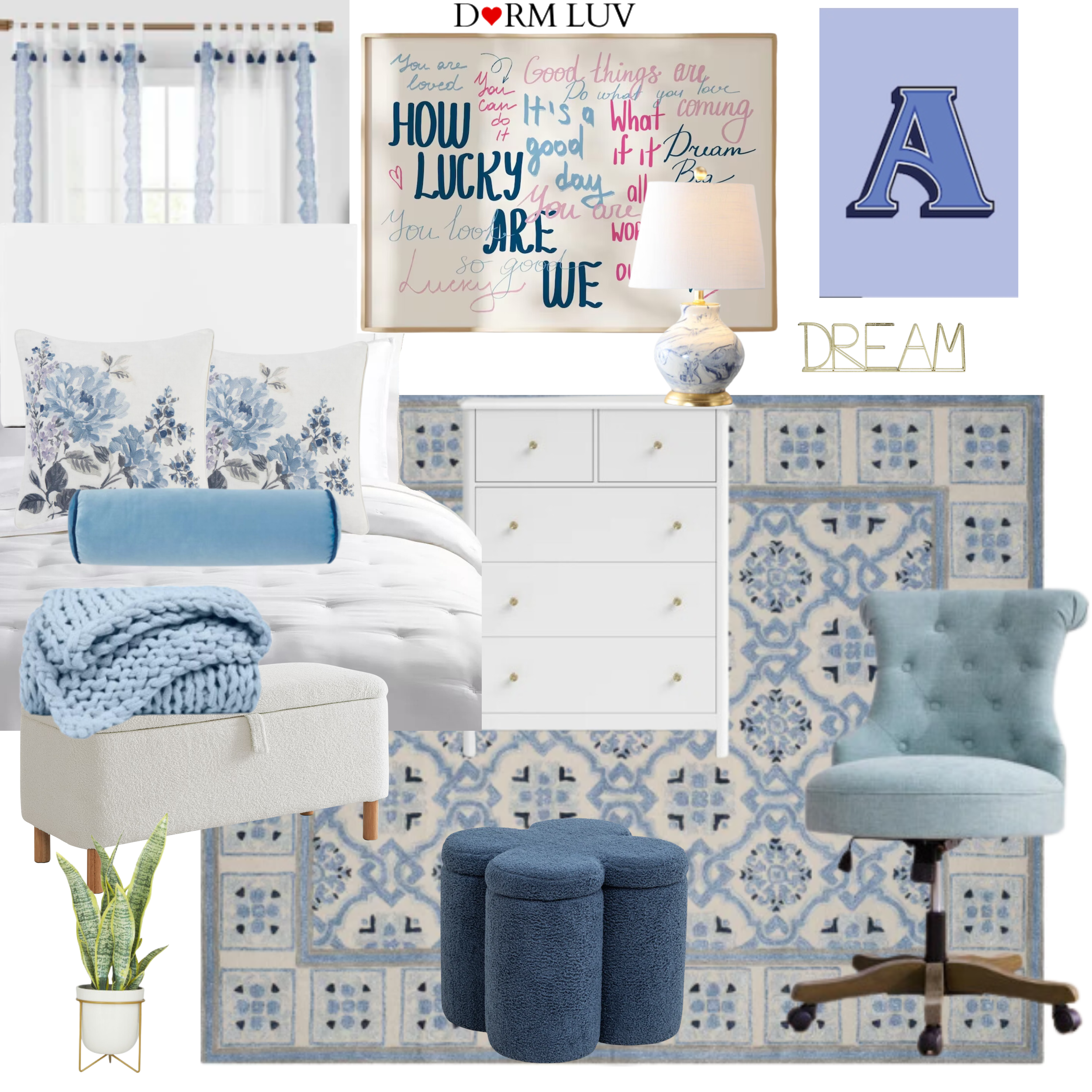 A collage of dorm room furnishings and decor in a blue and white theme. Features include bedding with floral patterns, a tufted chair, a pouf, a rug, a dresser, a floor mirror, a lamp, and wall art. The words "Dorm Luv" and "Dream" are visible.