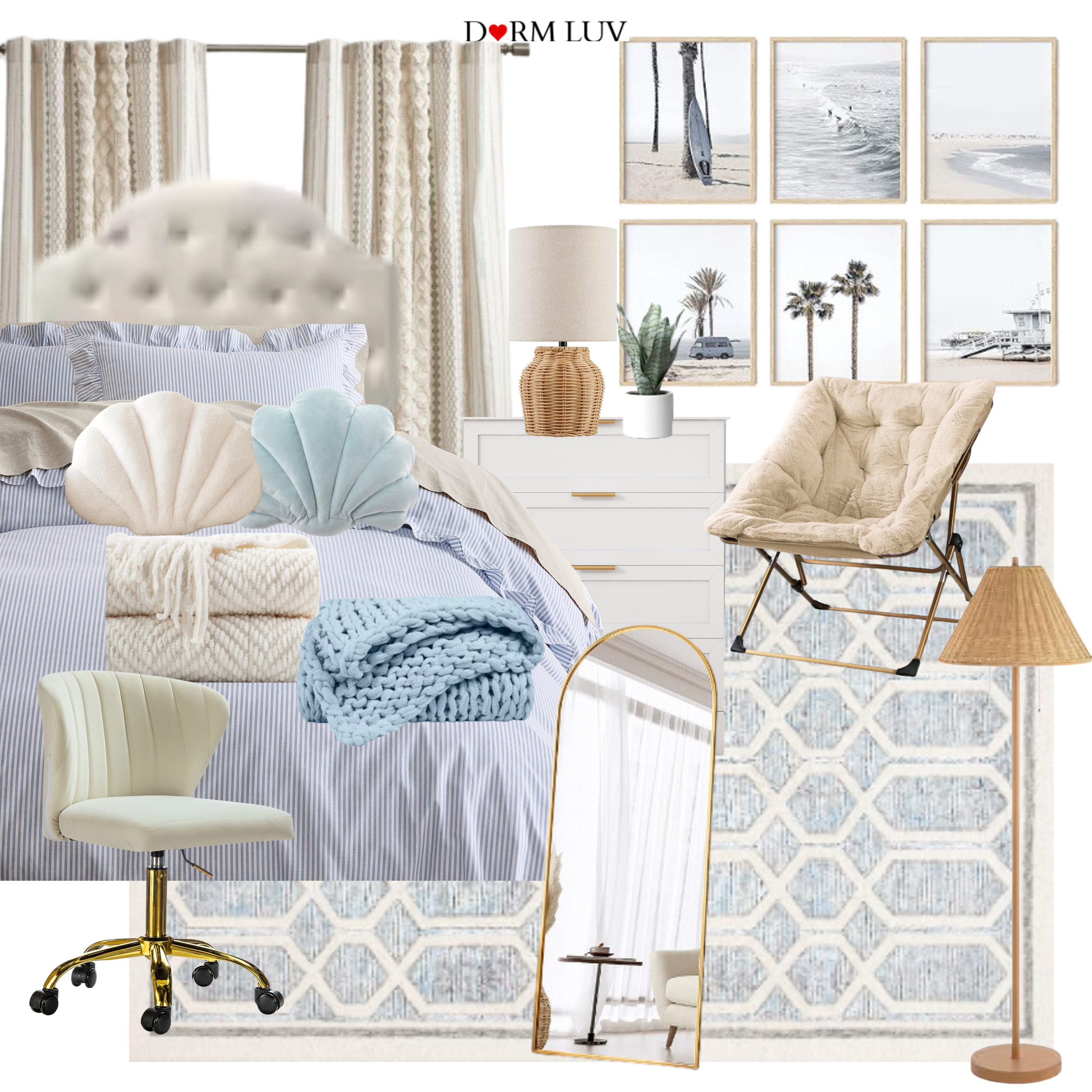 Dorm room decor inspiration with beige and blue tones, featuring a tufted bed, striped bedding, textured pillows, a cushioned chair, woven lampshades, a white dresser, cozy blankets, coastal wall art, large mirror, and potted plants.