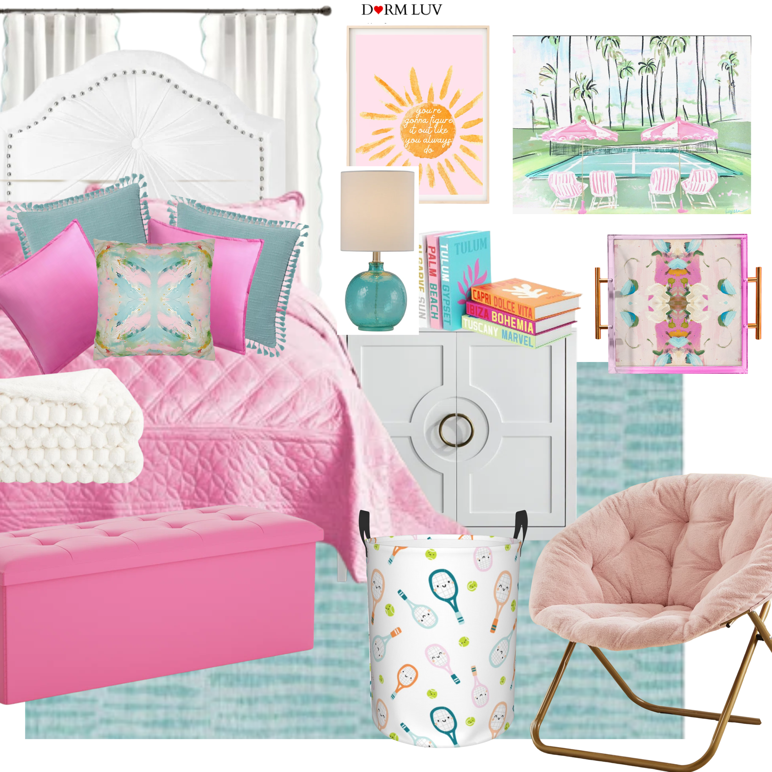 Colorful dorm room decor with pink bedspread, assorted pillows, white nightstand, lamp, framed art, and stacked books.