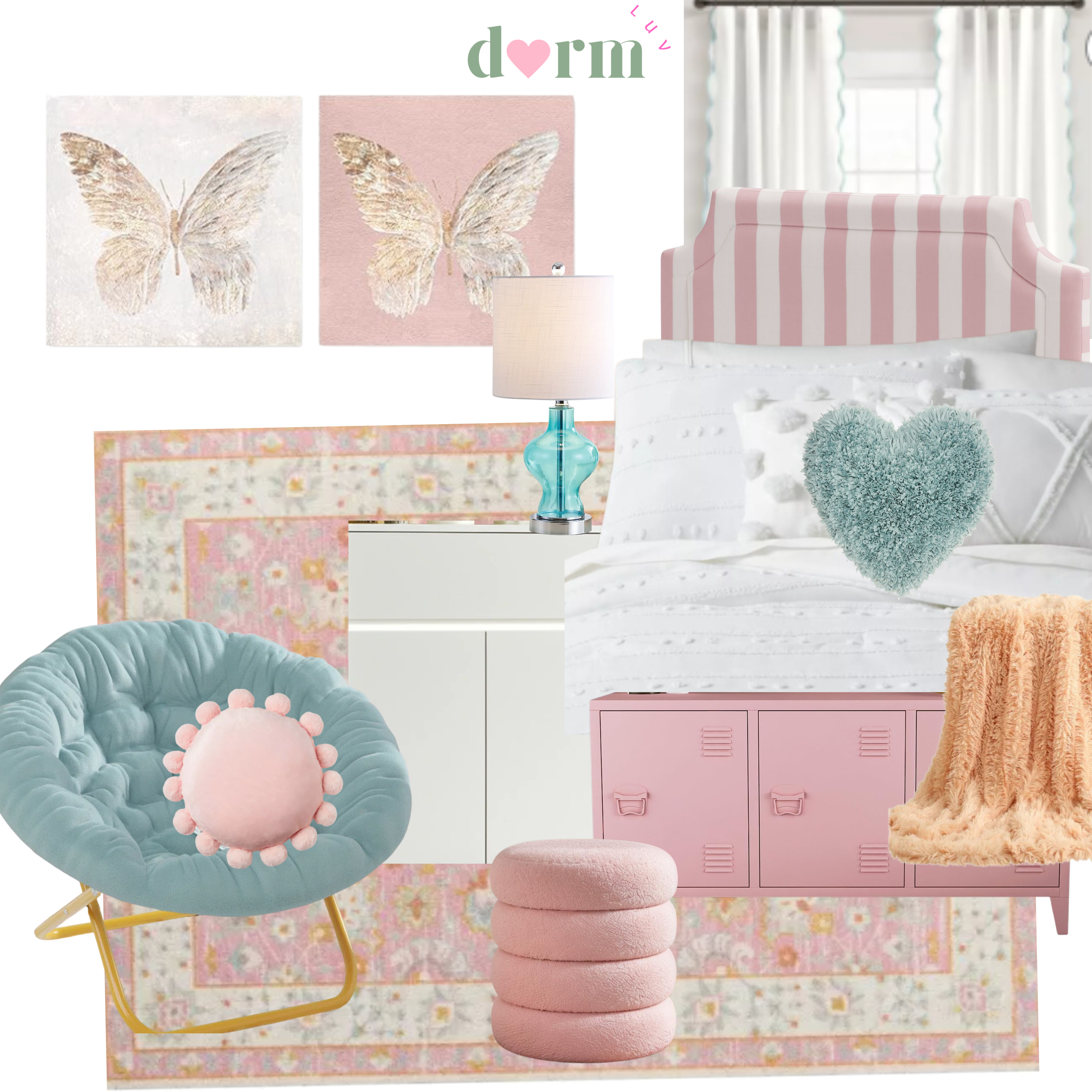 Collage of dorm room decor items, including butterfly art, a decorative headboard, bedding with pillows, and various accessories like a lamp, storage cabinet, and woven basket. Soft colors like pink and blue dominate, creating a cozy and stylish vibe.