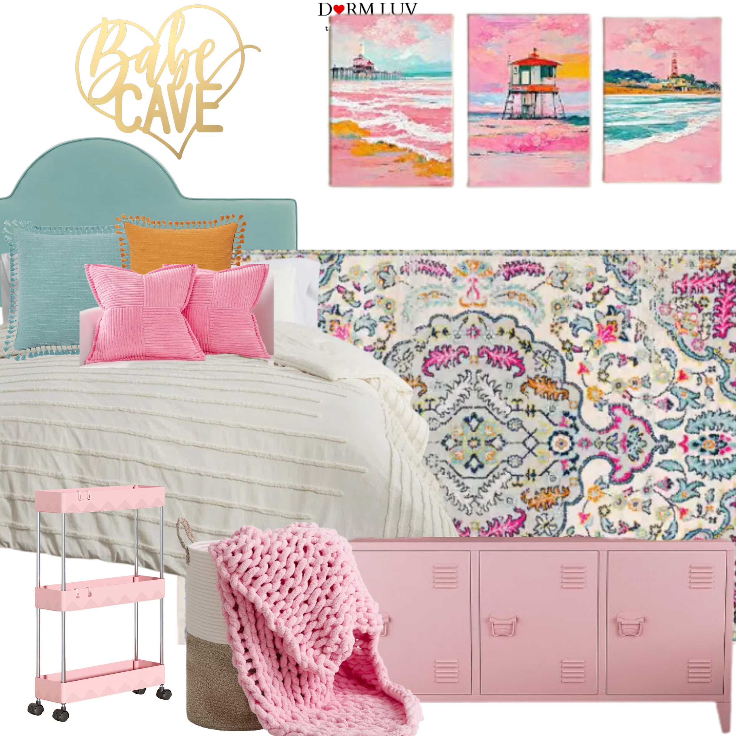 Collage of dorm room decor including colorful pillows, blankets, a decorative rug, storage rack, and art prints. Dominant colors are pink, blue, and yellow. Features a bed with textured bedding and an accent sign reading "Babe Cave."