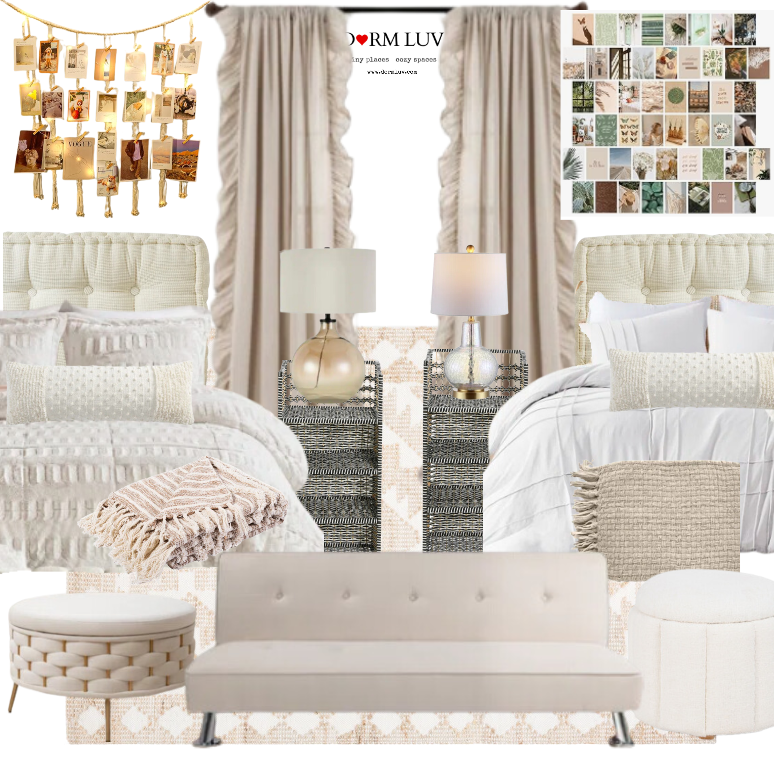 Collage of dorm room decor and furniture including beds, pillows, lamps, a sofa, an ottoman, and wall art for interior design inspiration.