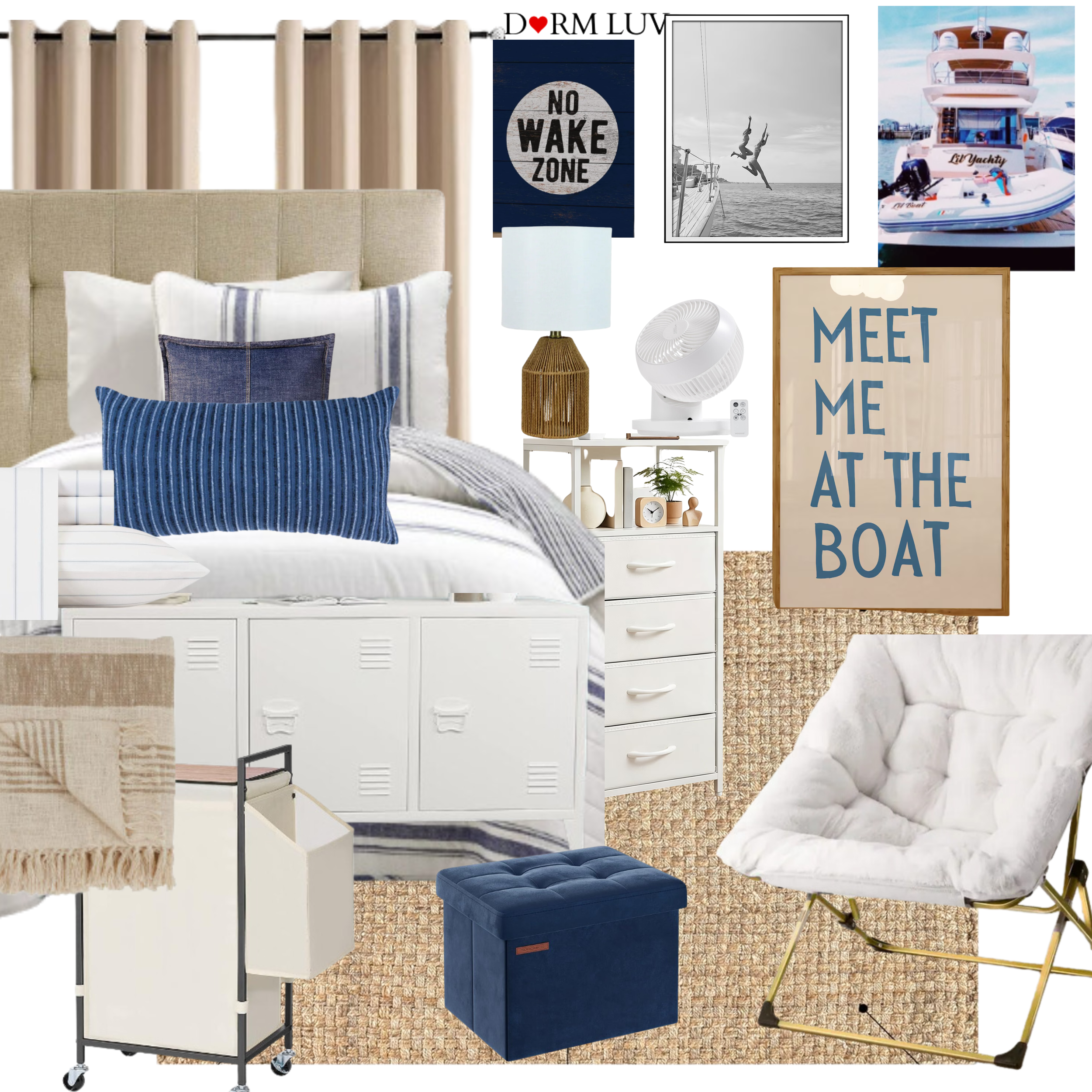 Nautical-themed dorm room design with beige upholstered bed, navy pillows, white drawers, wicker lamp, fanned decor, stacked navy towels, wall art of boats and nautical phrases, storage carts, and a plush white chair on a woven rug.