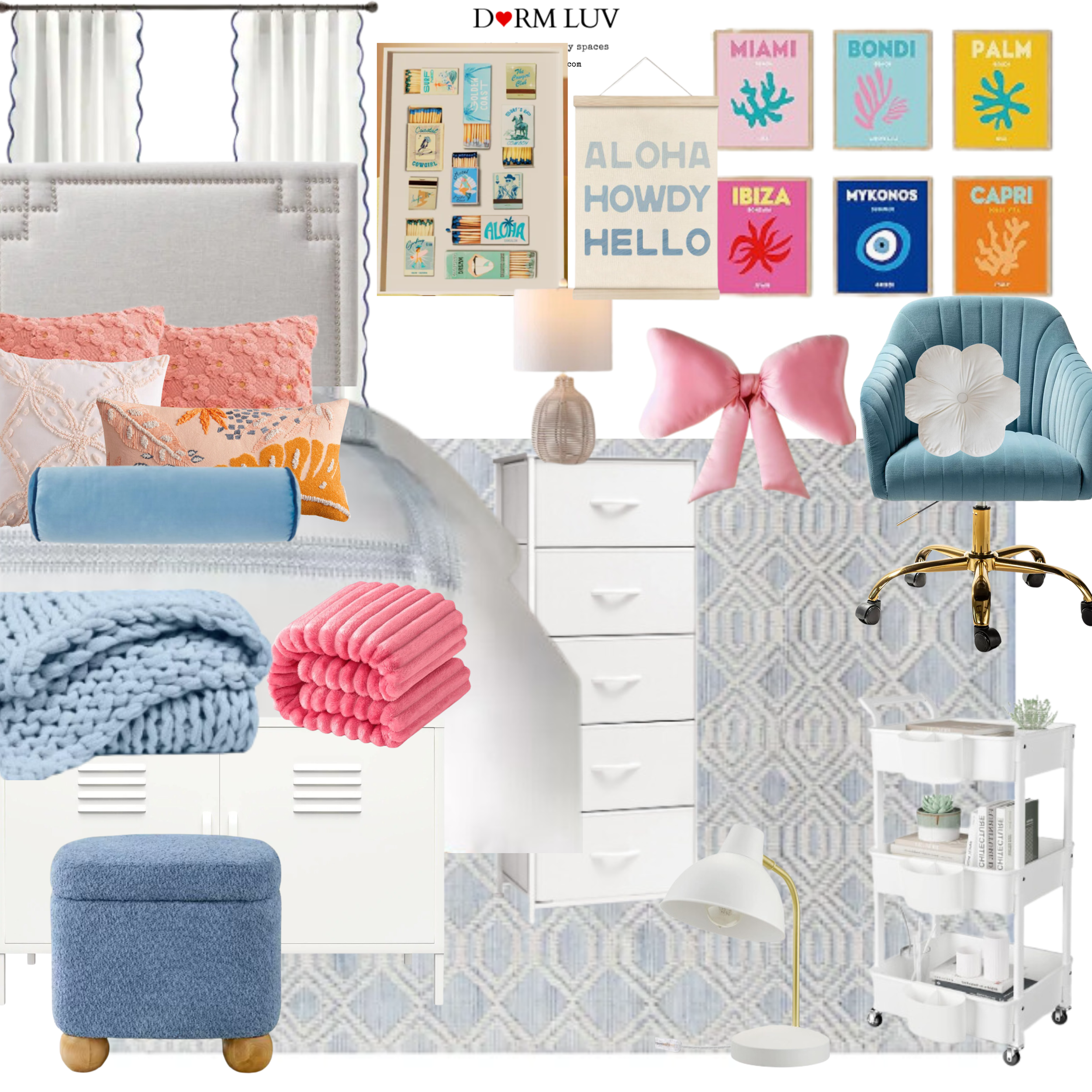 Bedroom decor mood board with a modern coastal theme featuring a white bed, colorful pillows, a pink bow pillow, a light blue knitted blanket, a pink blanket, white dressers, a blue ottoman, a rolling cart, and wall art including 'Aloha Howdy Hello' sign and destination-themed prints.