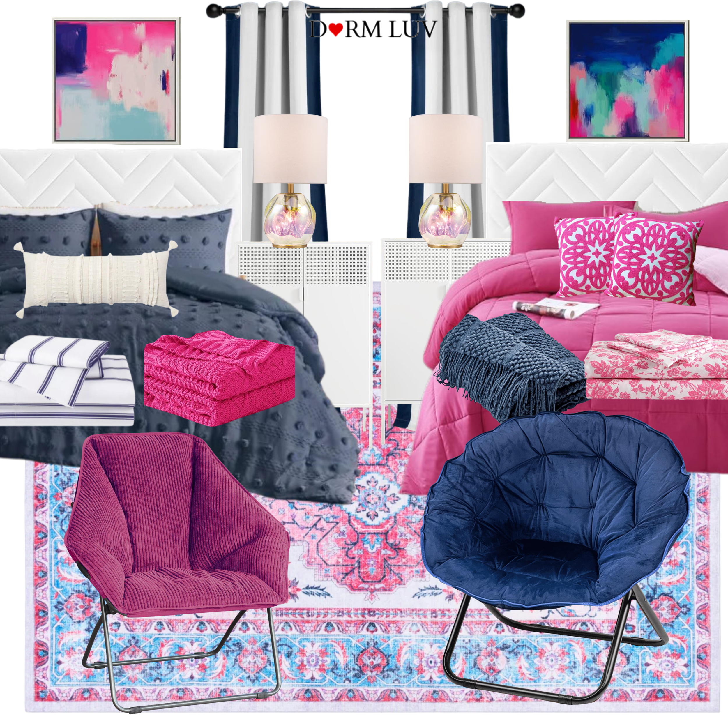 Two neatly arranged dorm room interiors with twin beds. One bed has a dark blue comforter with a white pillow, the other has a pink comforter with decorative pink pillows. Between the beds are white nightstands with lamps. Decor includes abstract artwork, striped curtains, and storage units. Accessories like blankets and rolling carts complete the setup.