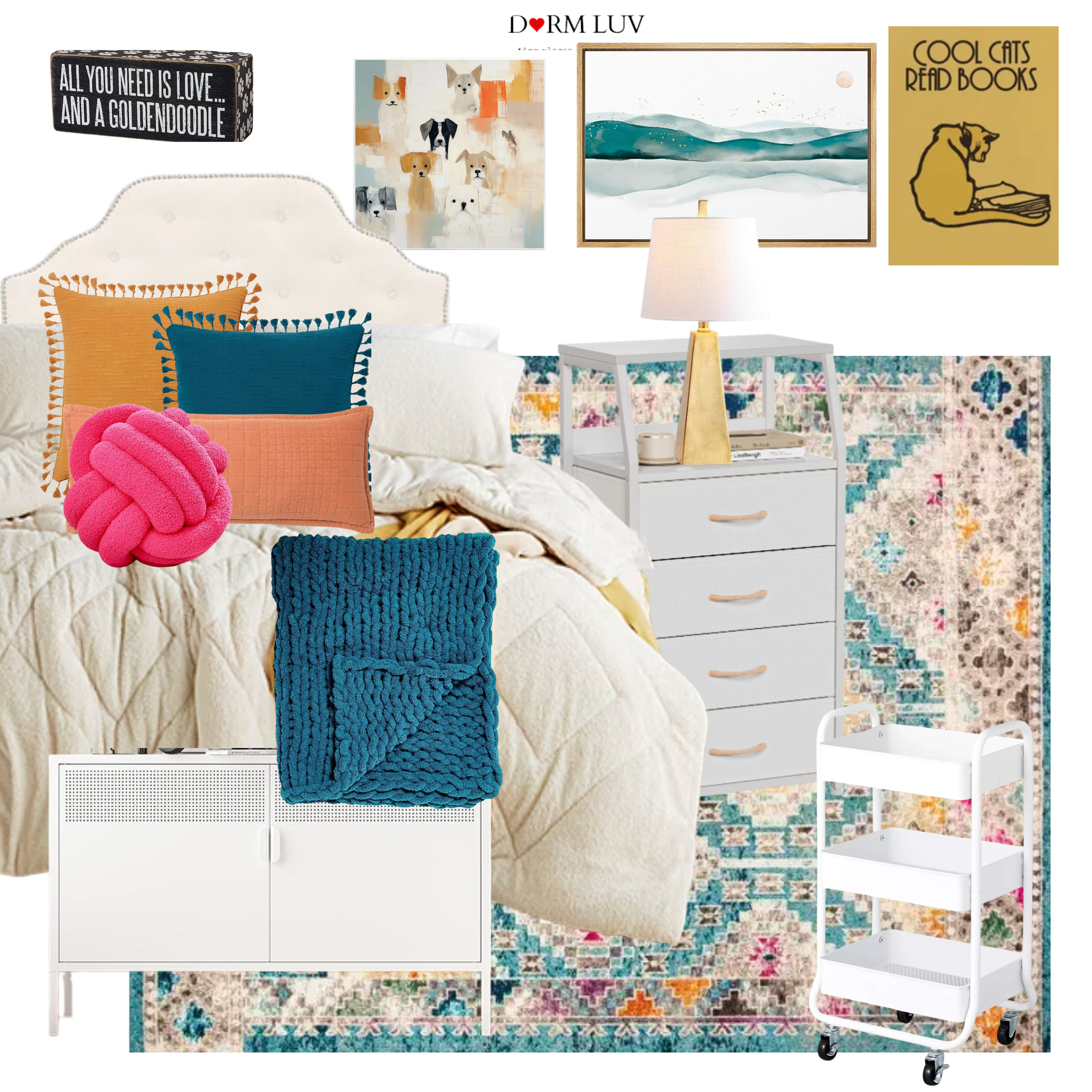 Collage of dorm room decor featuring colorful pillows, throws, motivational posters, a three-drawer storage unit, cozy blankets, a patterned rug, a rolling cart, an ottoman, a white fan, and book decor.