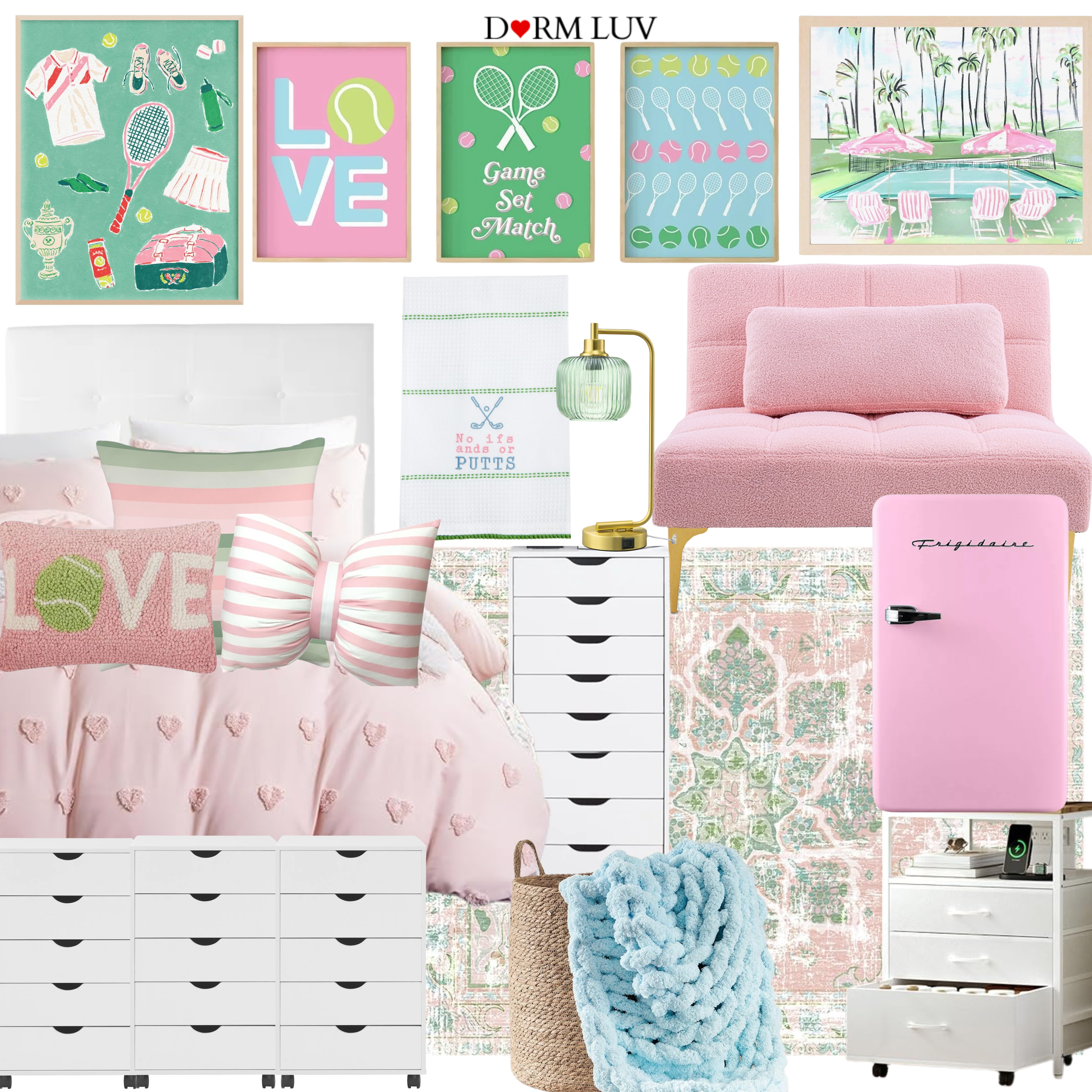 Dorm room design with pink tennis theme, featuring pink bedding, tennis-themed wall art, pink sofa, mini fridge, white drawers, and decorative pillows.