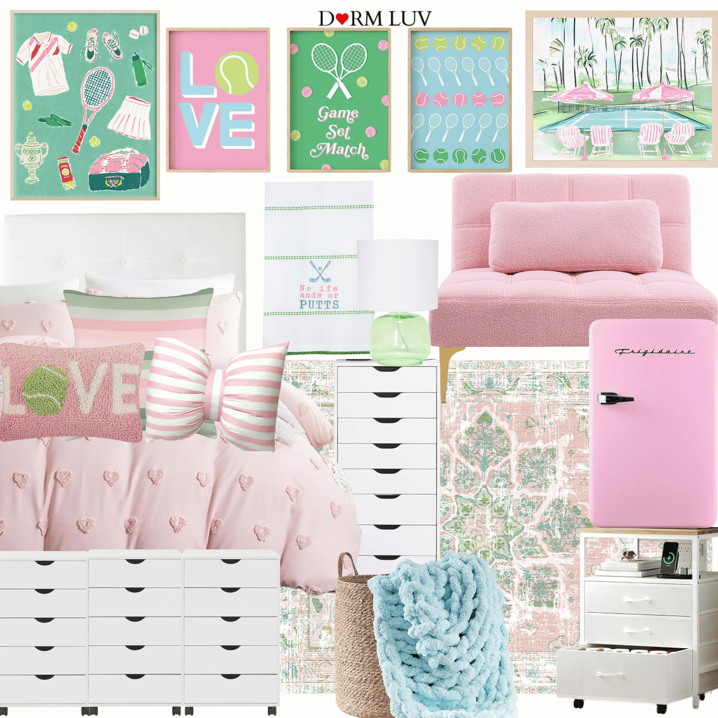 Dorm room design with pink tennis theme, featuring pink bedding, tennis-themed wall art, pink sofa, mini fridge, white drawers, and decorative pillows.