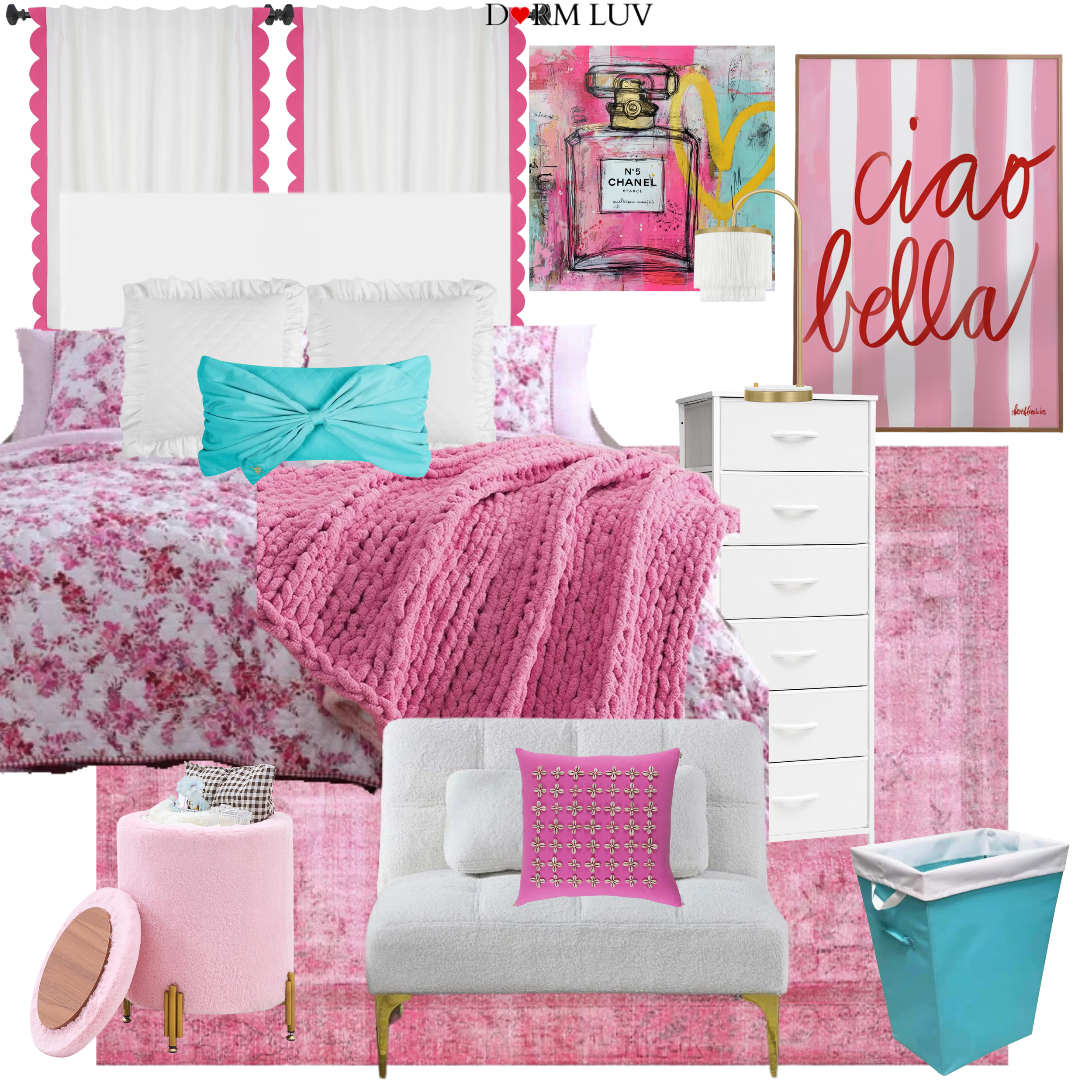 Room decor collage featuring pink and white themed items: floral bedding, knit throw, accent pillows, "Ciao Bella" wall art, floral perfume prints, white furniture, pink lamp, and ottoman.